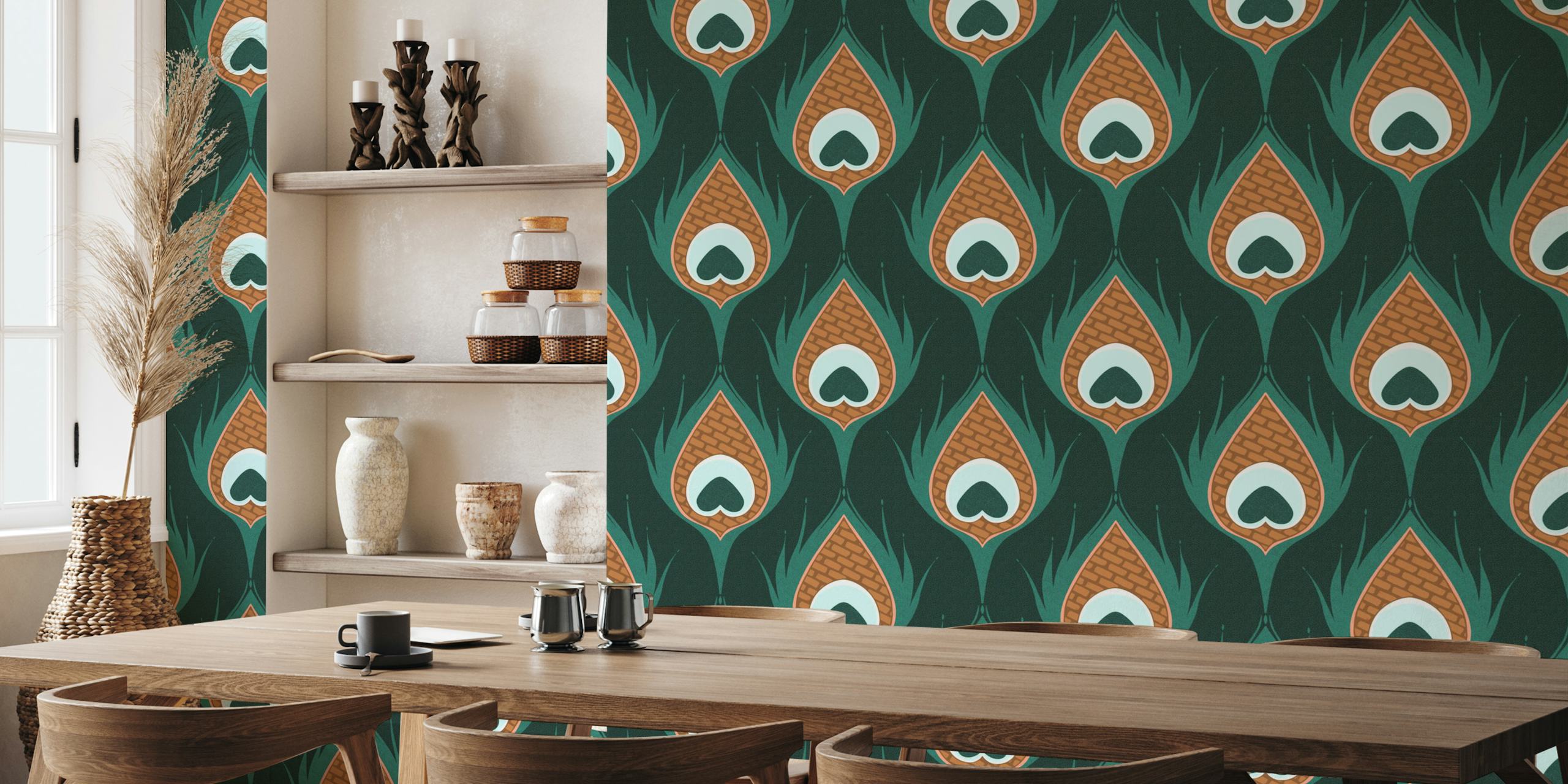 Regency Peacock Feathers zidni mural sa stiliziranim zelenim dizajnom perja u tonu cigle