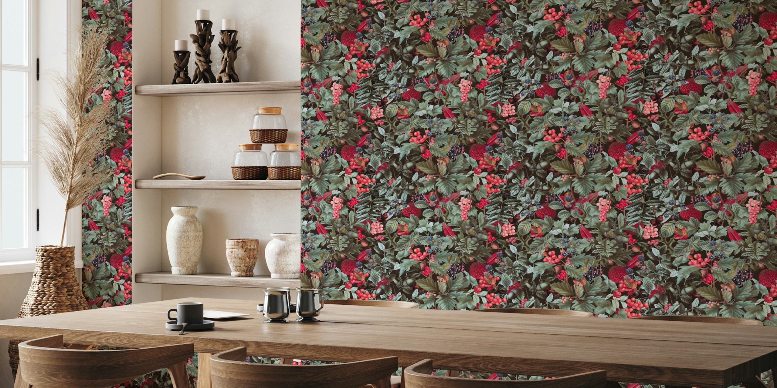 Carta da parati in stile vintage con foglie autunnali e bacche in verde acqua e rosso
