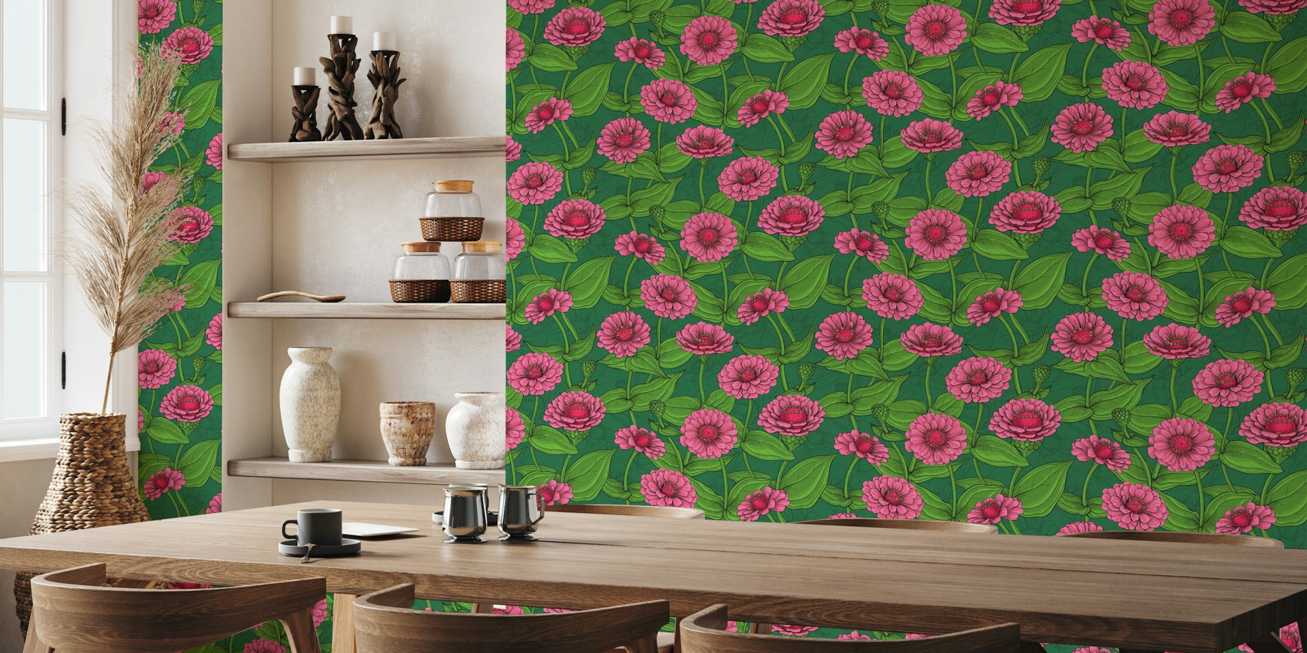 Pink zinnias with green leaves floral wallpaper