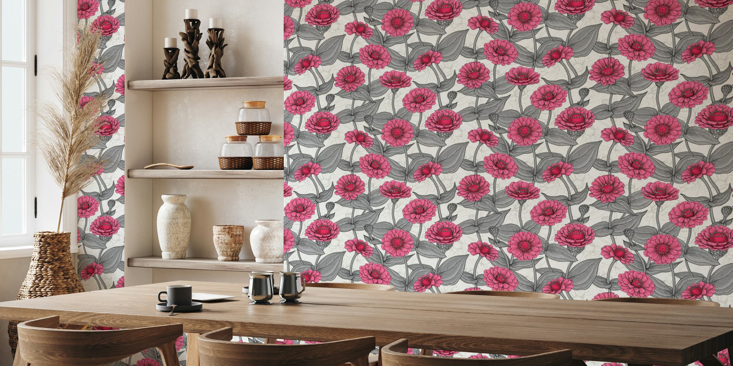 Pink zinnias with gray leaves on a white background wallpaper