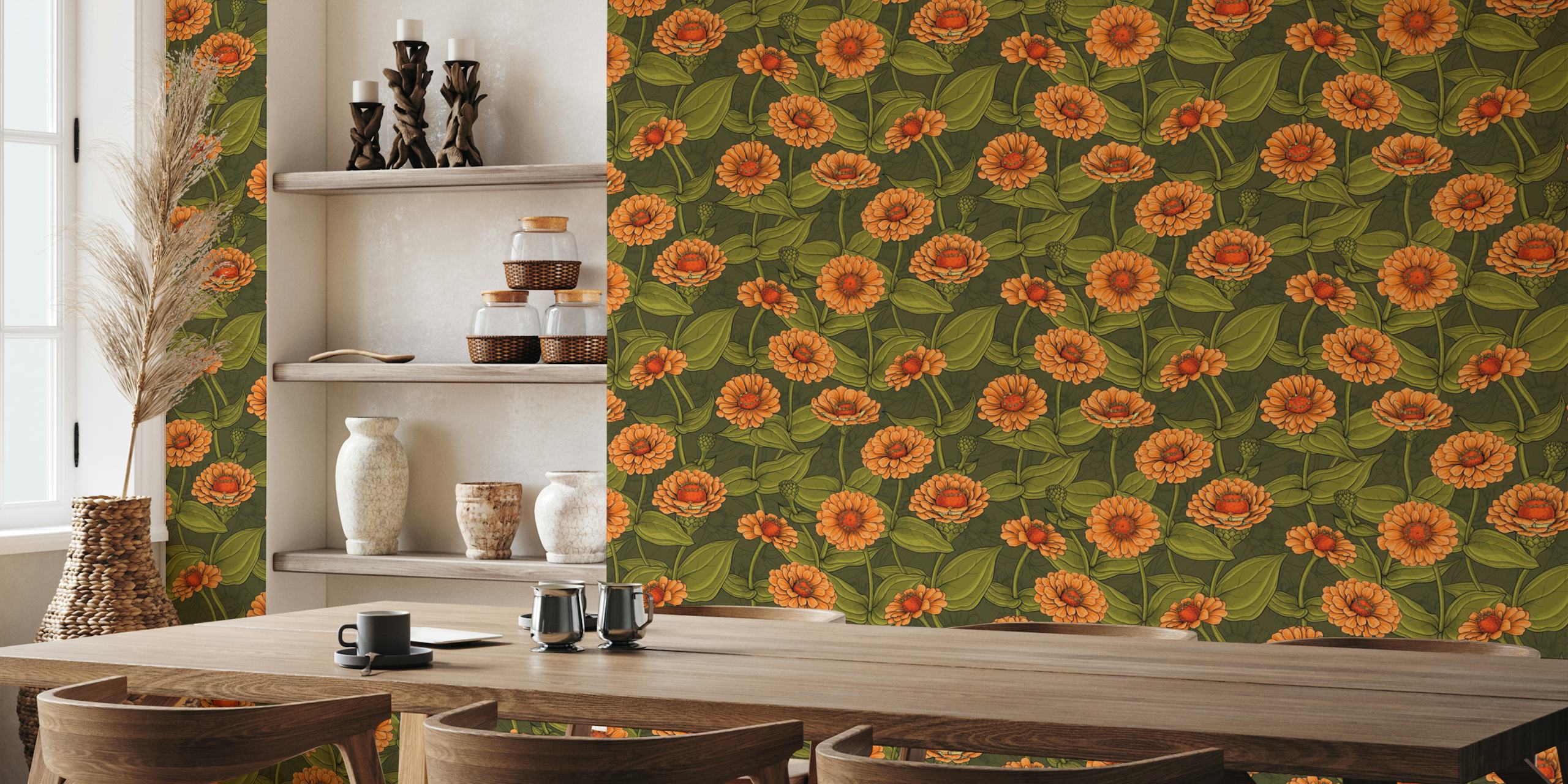 Orange zinnia flowers wallpaper in a room