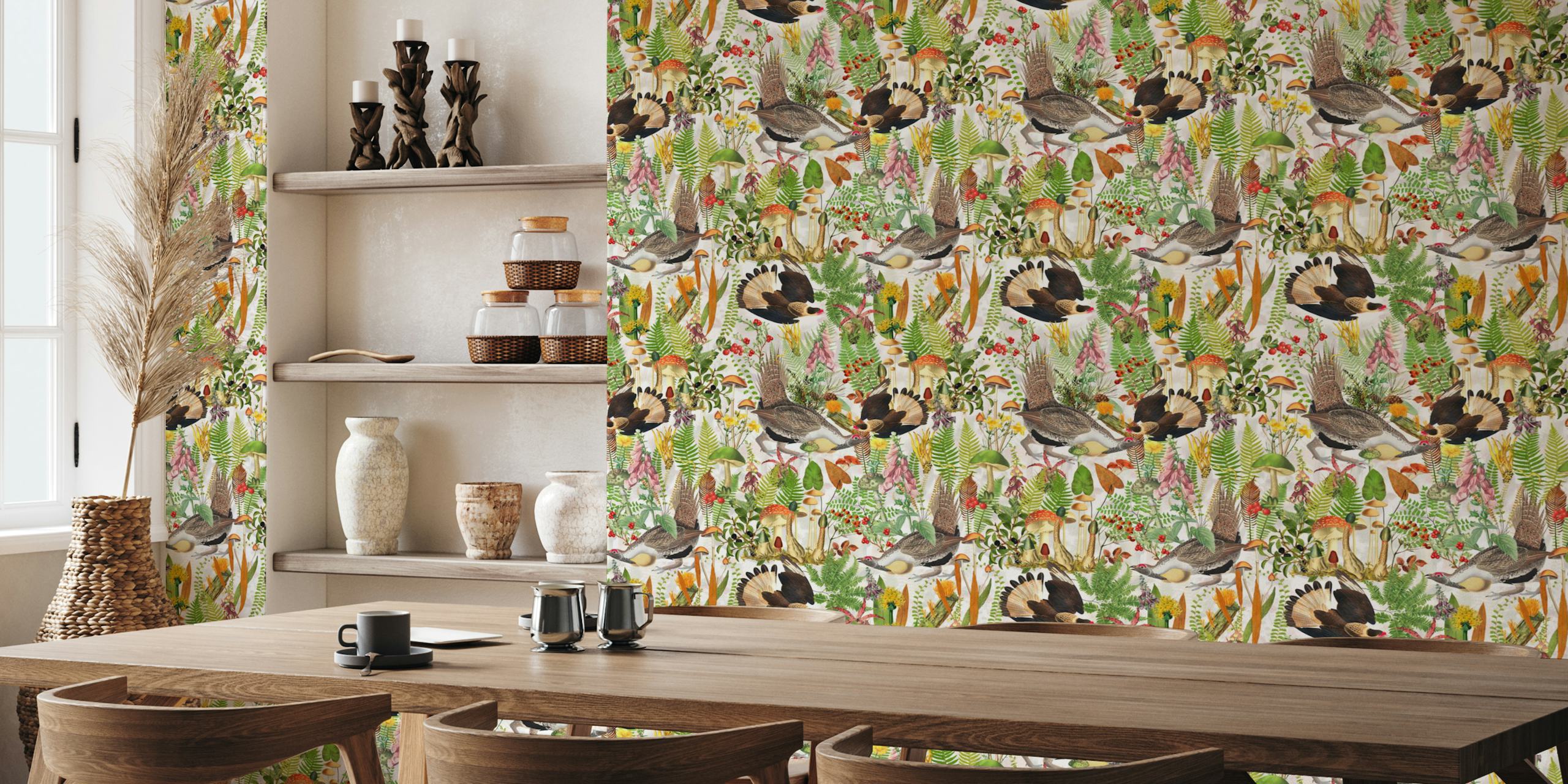 Colorful vintage birds among ferns and flowers wallpaper