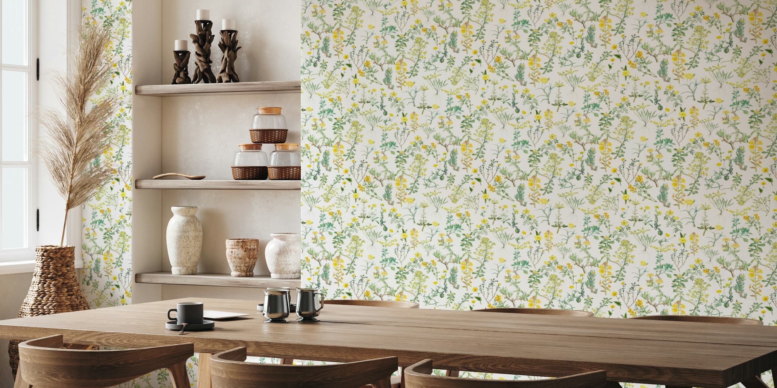 Yellow wildflowers and herbs pattern on wallpaper representing a vintage fall forest scene
