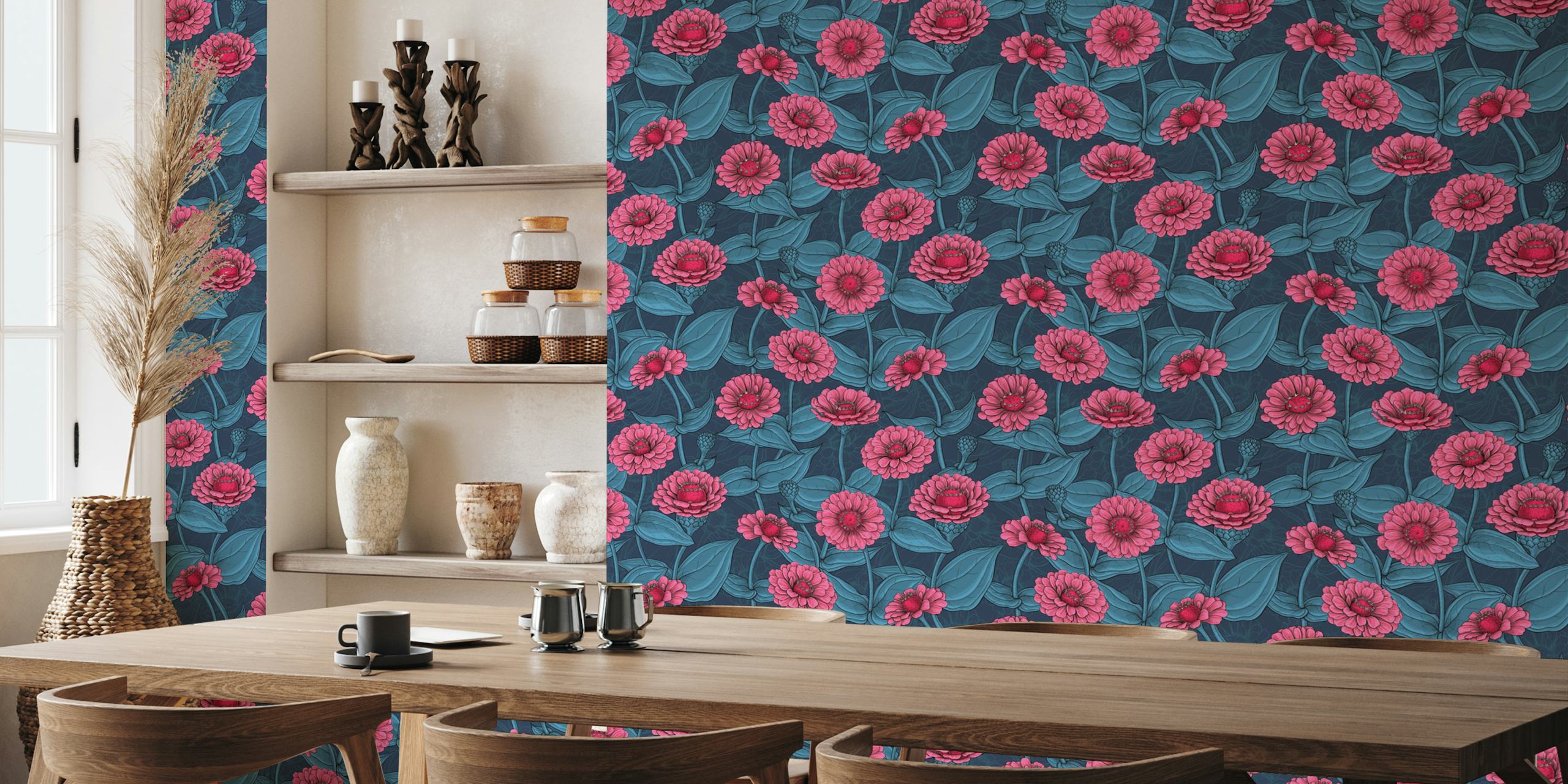 Pink zinnias wallpaper design in a room