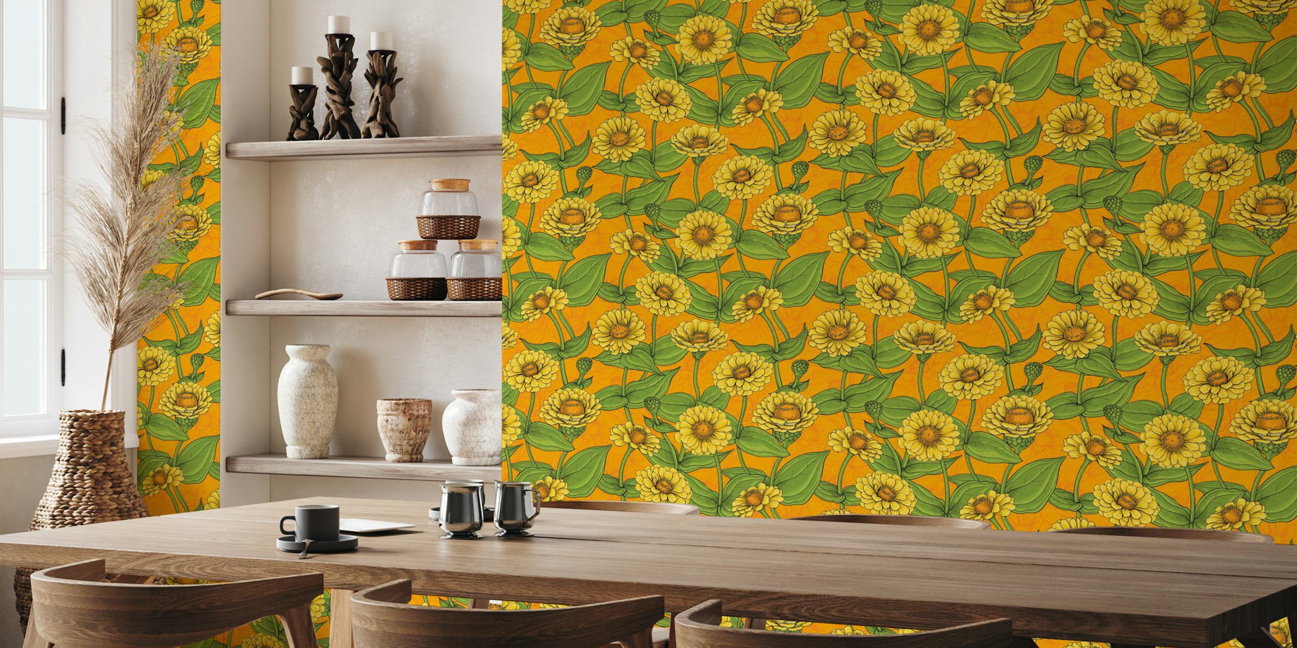 Yellow zinnias wallpaper σε πορτοκαλί φόντο
