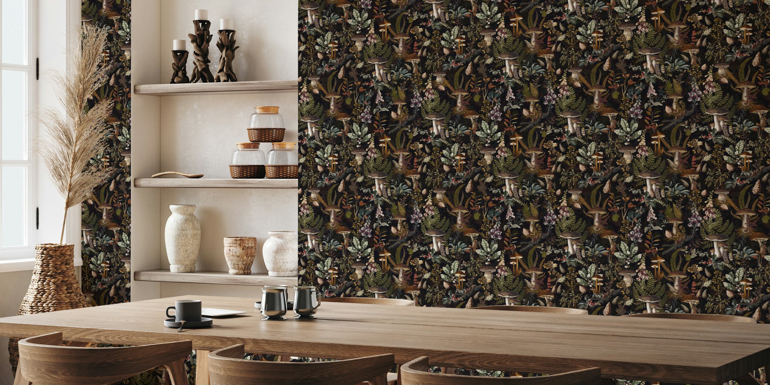 Mélange de champignons et de plantes aux couleurs sombre et chaleureuse, papier peint