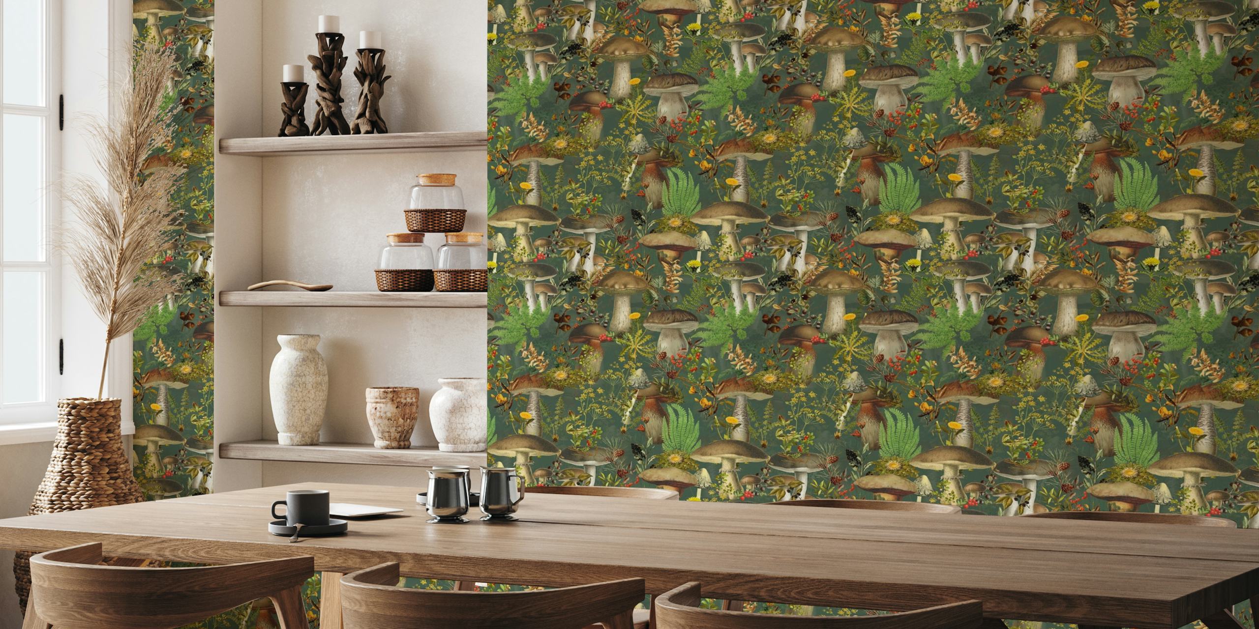 Vintage-style botanical wall mural with mushrooms and autumn forest plants