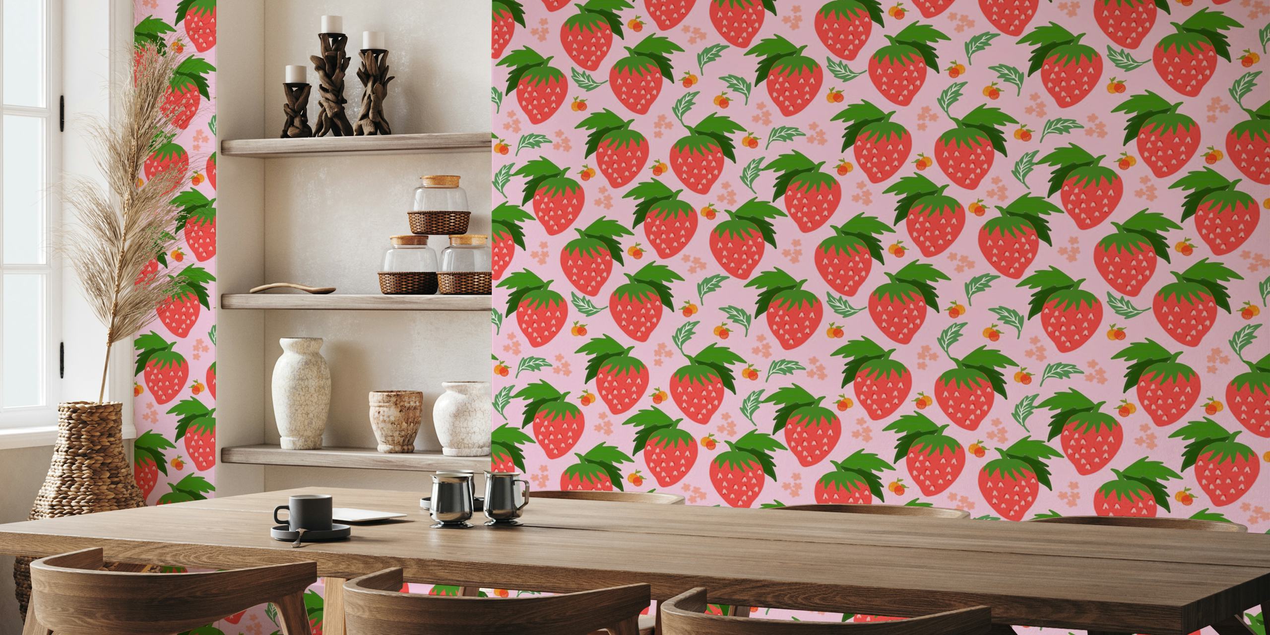 Strawberries and Pink fruit with leaves and elements kawaii style cute pattern carta da parati