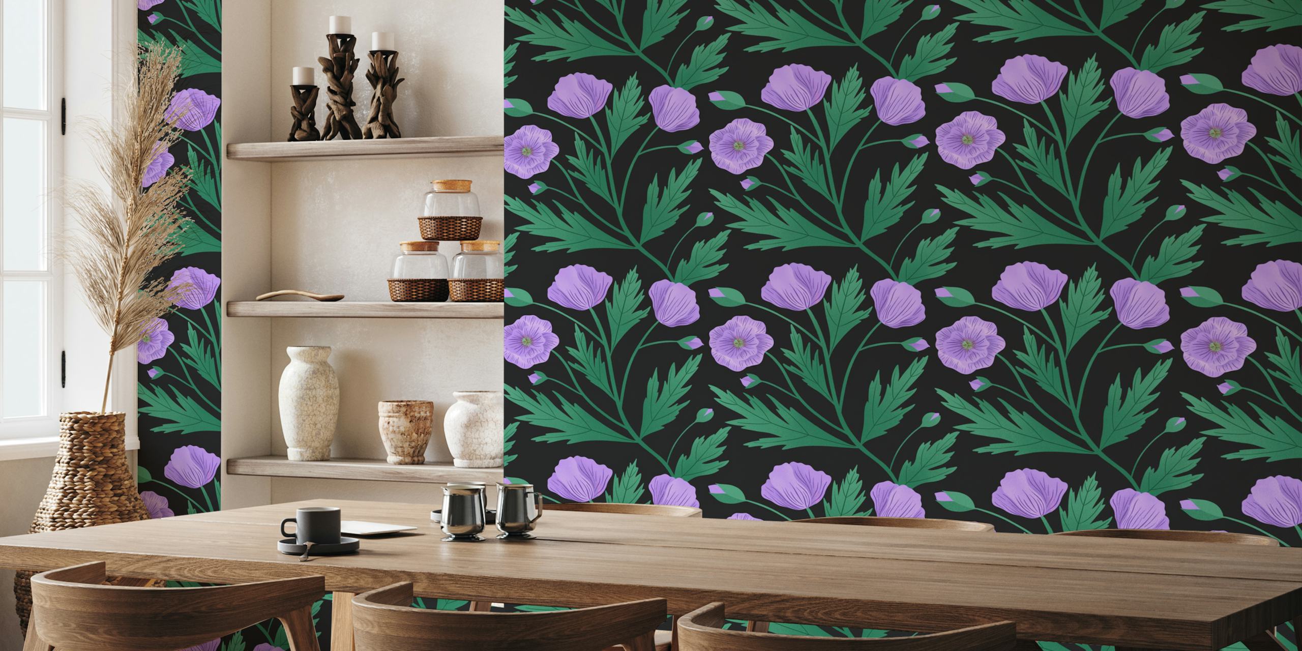 Purple poppies and green leaves on black wallpaper