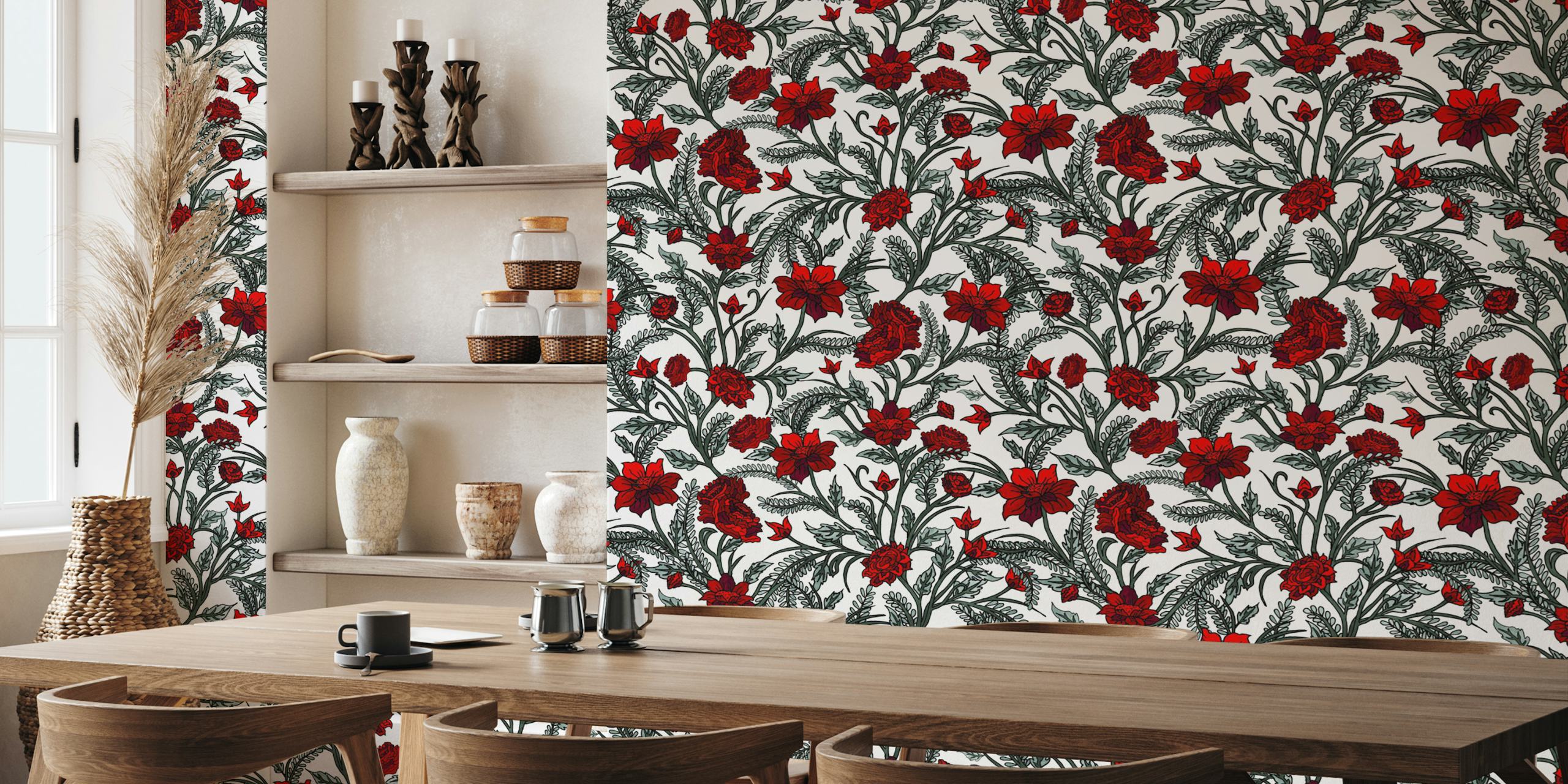 Red roses and green leaves floral pattern wallpaper