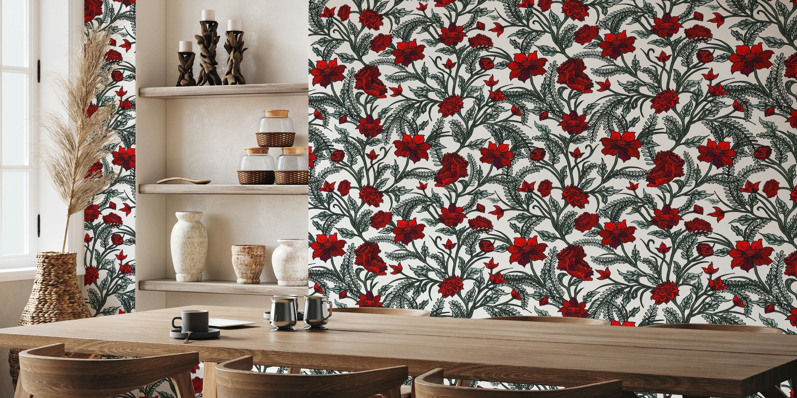 Beautiful Red Roses Pattern White wallpaper