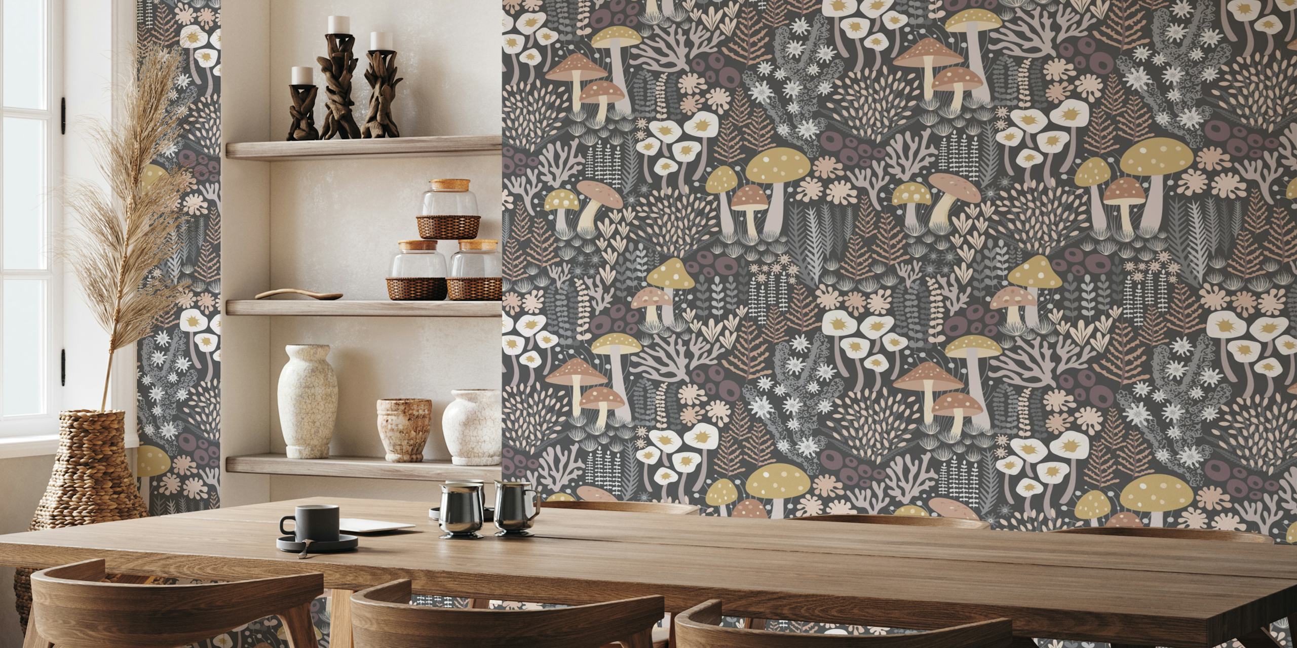 Whimsical mushroom moss forest wallpaper in a room