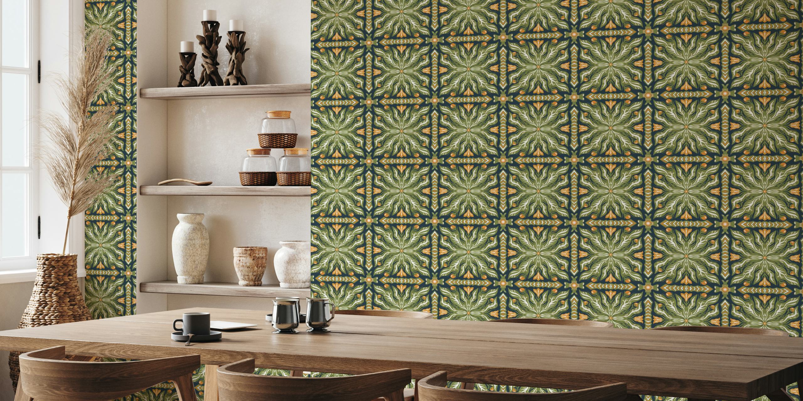 Green symmetrical garden pattern wall mural with intricate nature-inspired designs and gold accents.