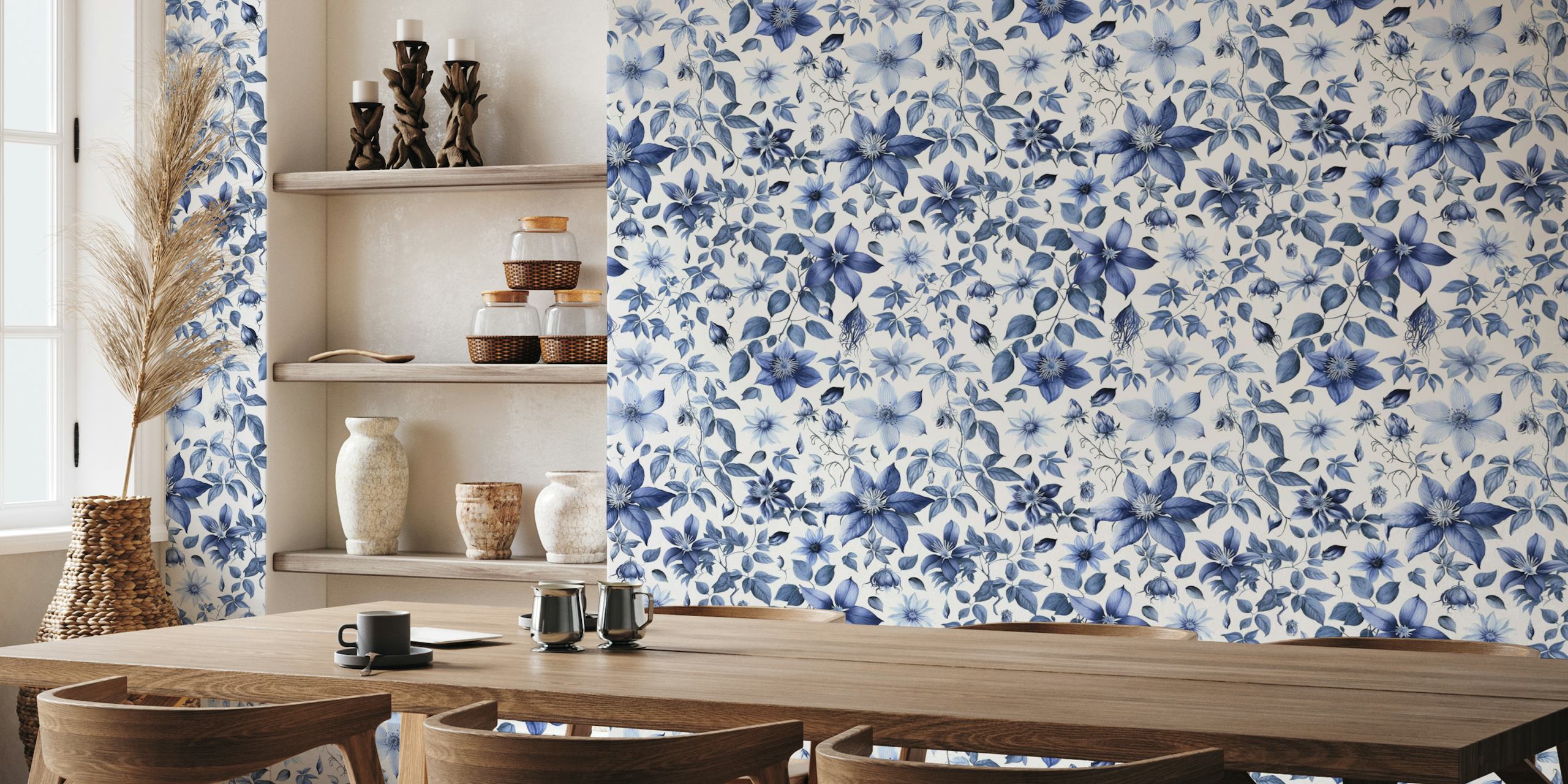 Clematis Flower Cottagecore Summer Pattern Blue behang