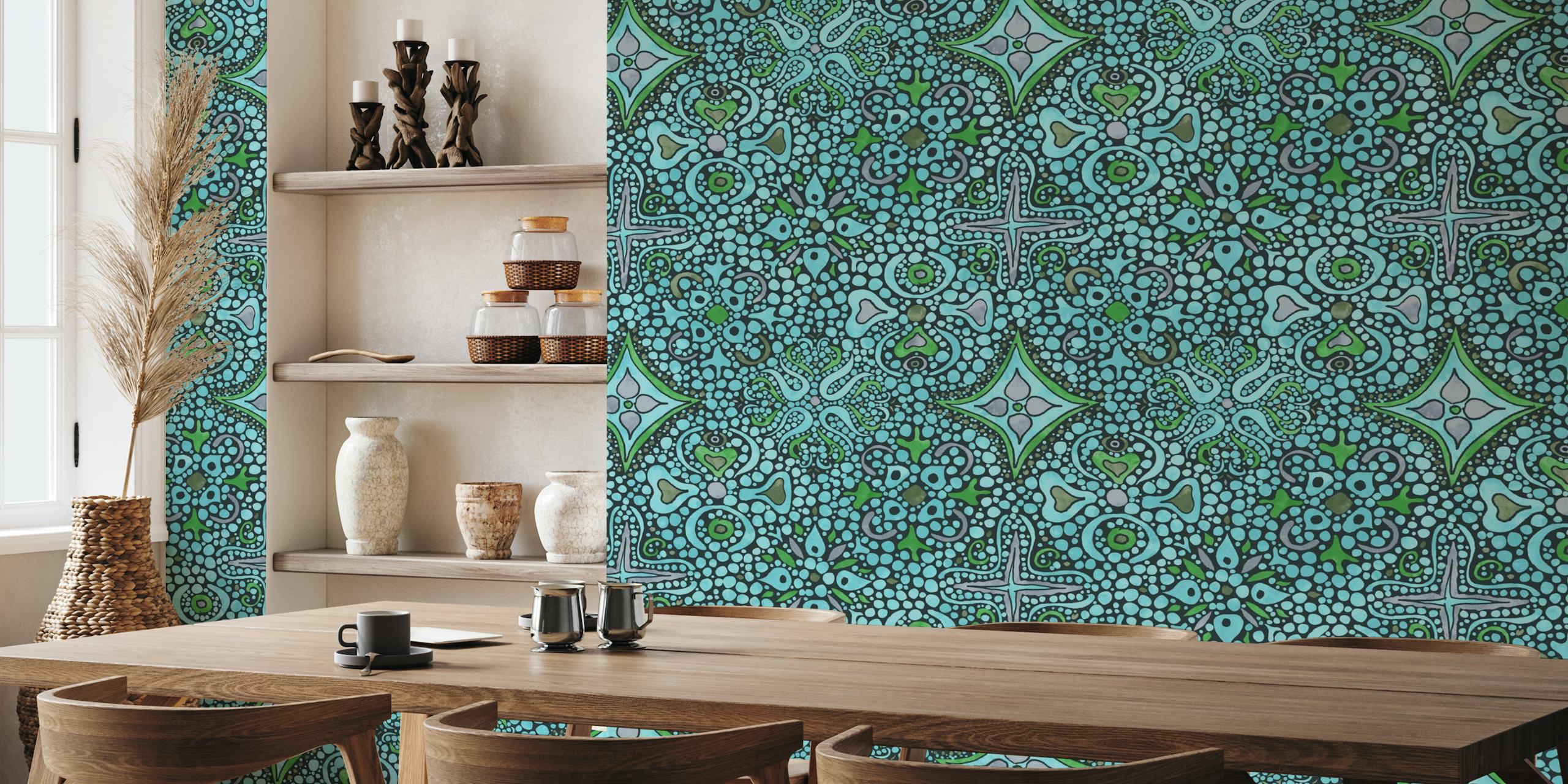 Teal mosaics with maximalist designs papel pintado