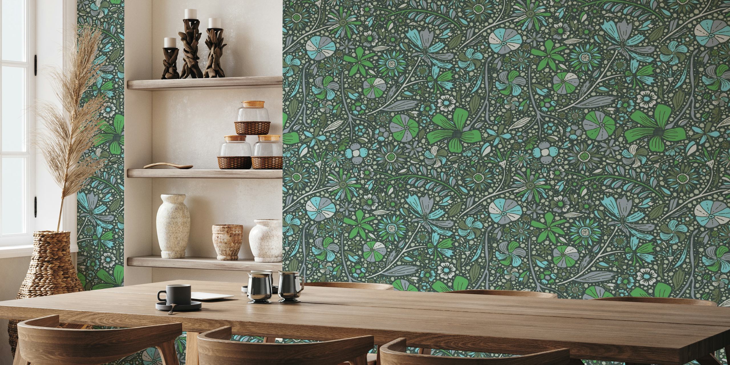 Maximalist bohemian floral pattern blue and teal papel pintado