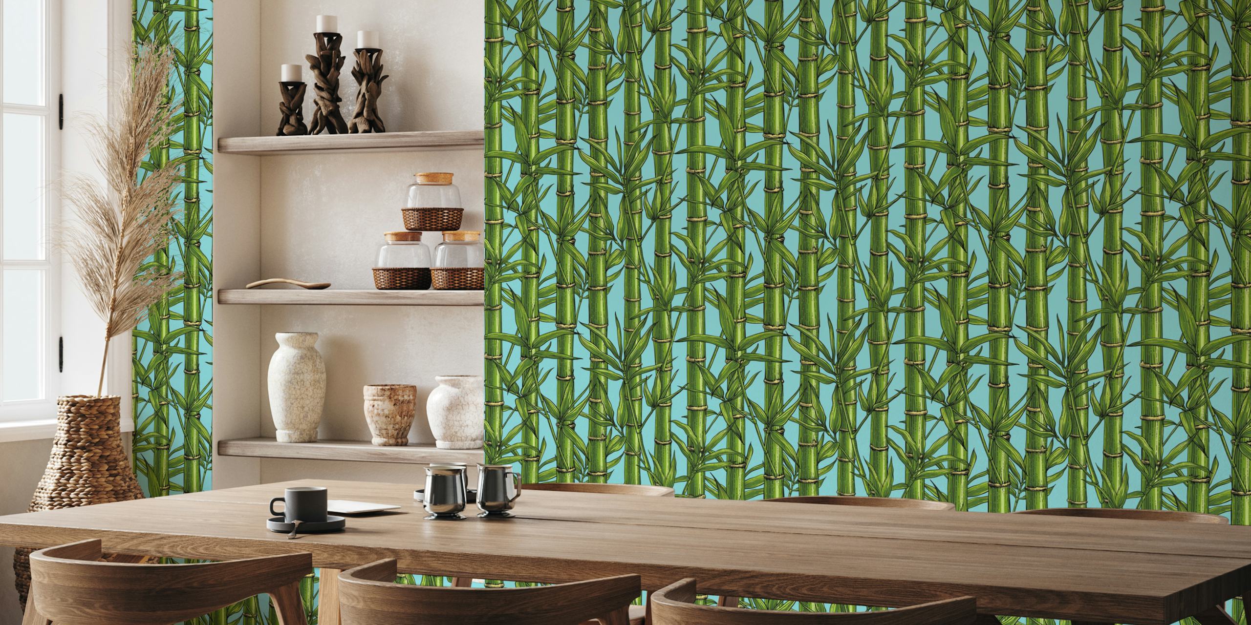 Bamboo forest patterns in green on light blue wallpaper