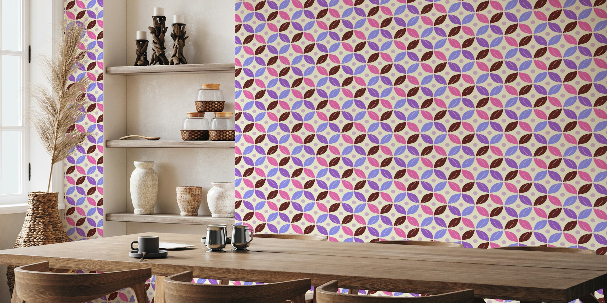 Colorful retro floral pattern with pink, purple, and fuchsia shapes wallpaper
