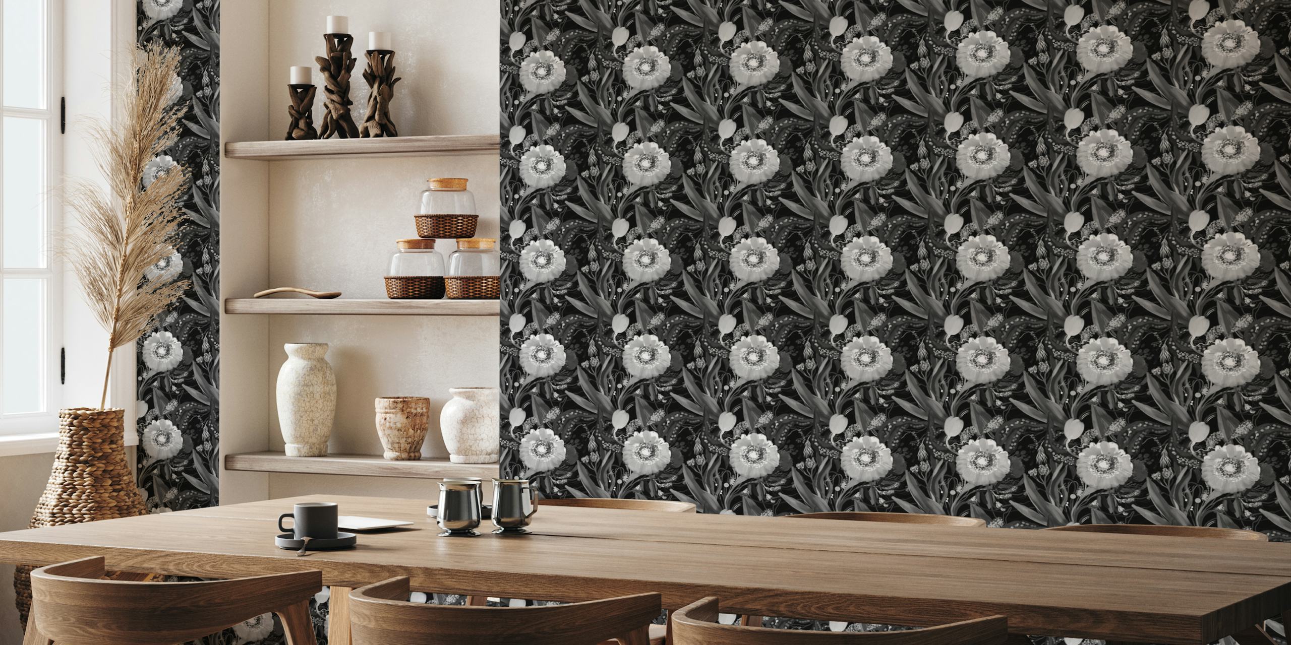 Black and white floral wall mural with white flowers and dark leaves