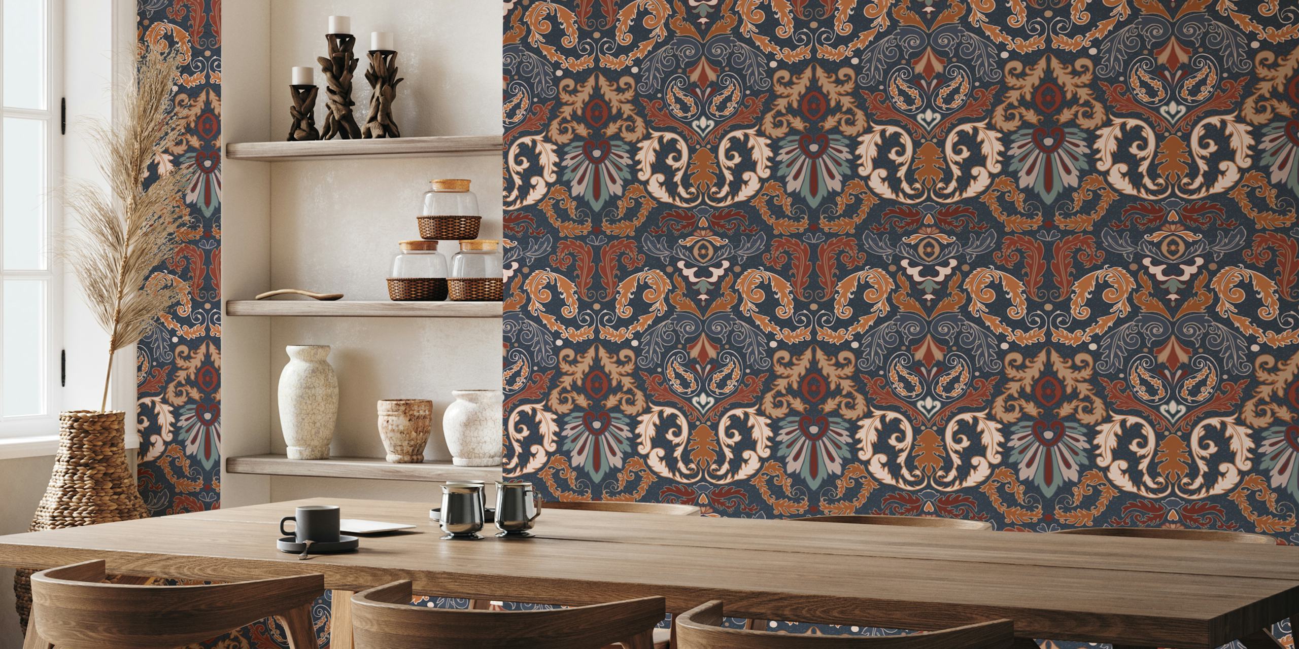 Motifs damassés acanthes et paisley bleu, orange et rouge papier peint