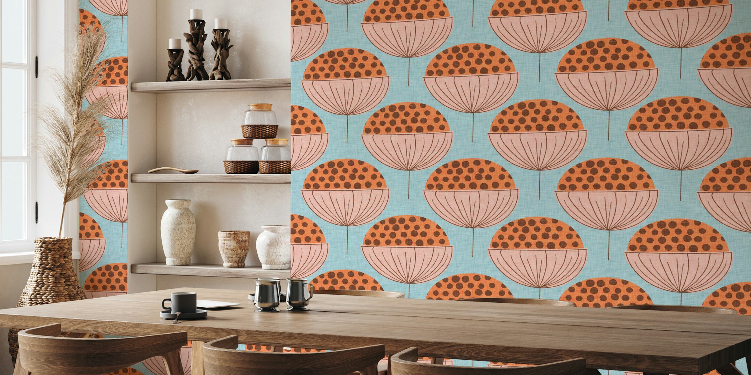 Design de papel de parede Mid Mod Buds Blue em um quarto