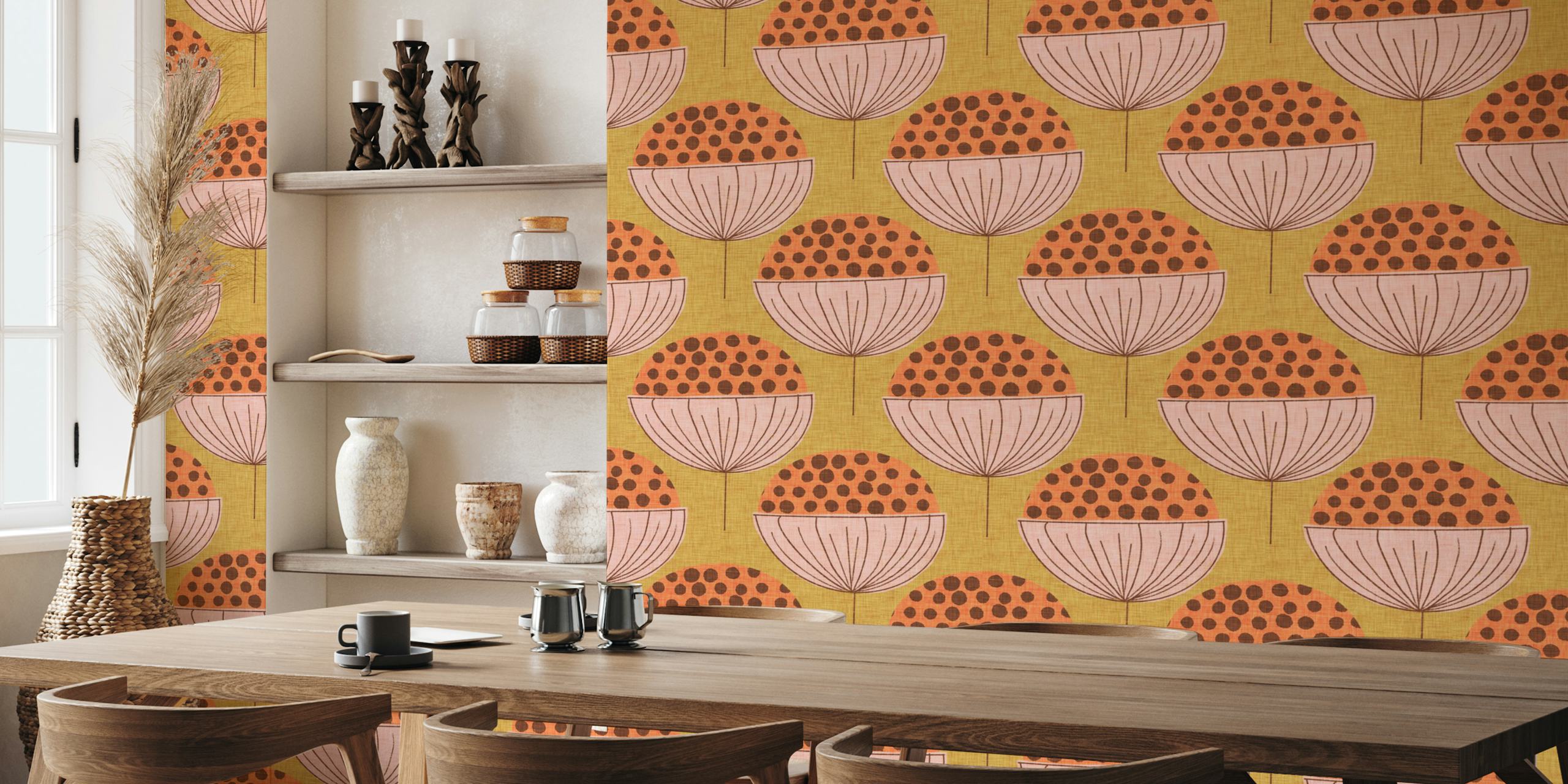 Geometrisch geel met roze en oranje bloempatronen wallpaper