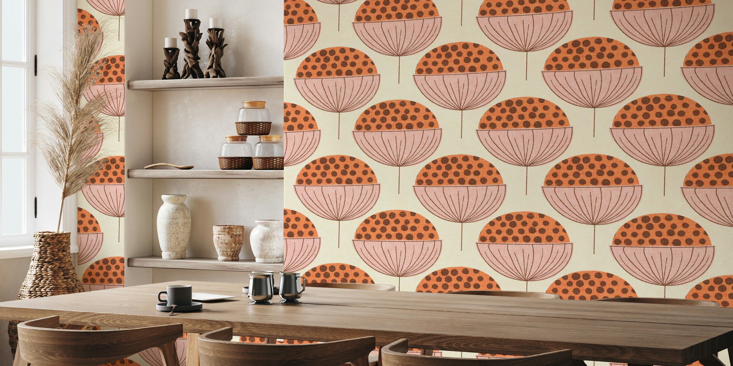 Mid Mod Buds Pearl wallpaper displayed in a room