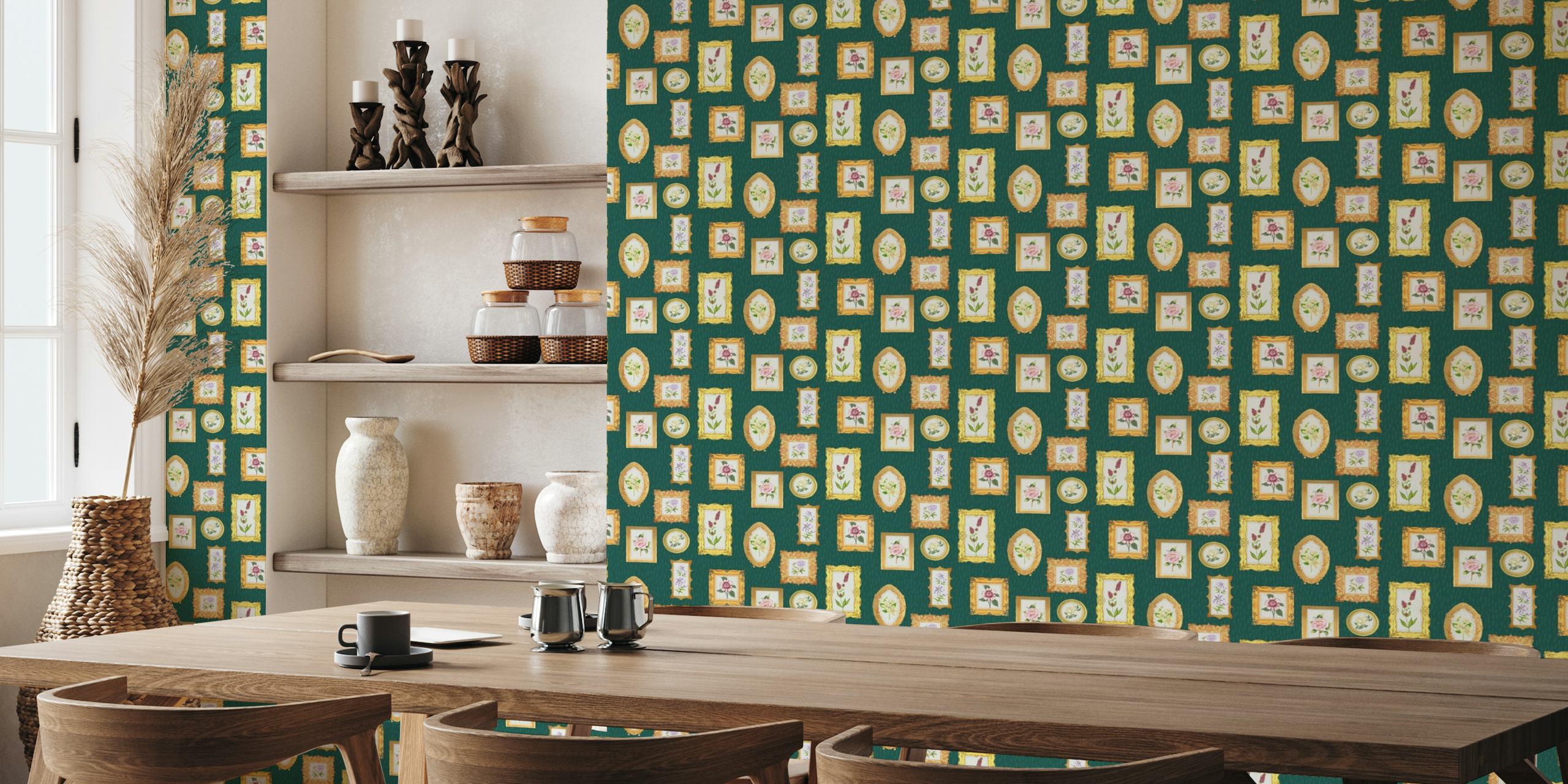 Elegant vintage frame and flower patterned wallpaper on a green background