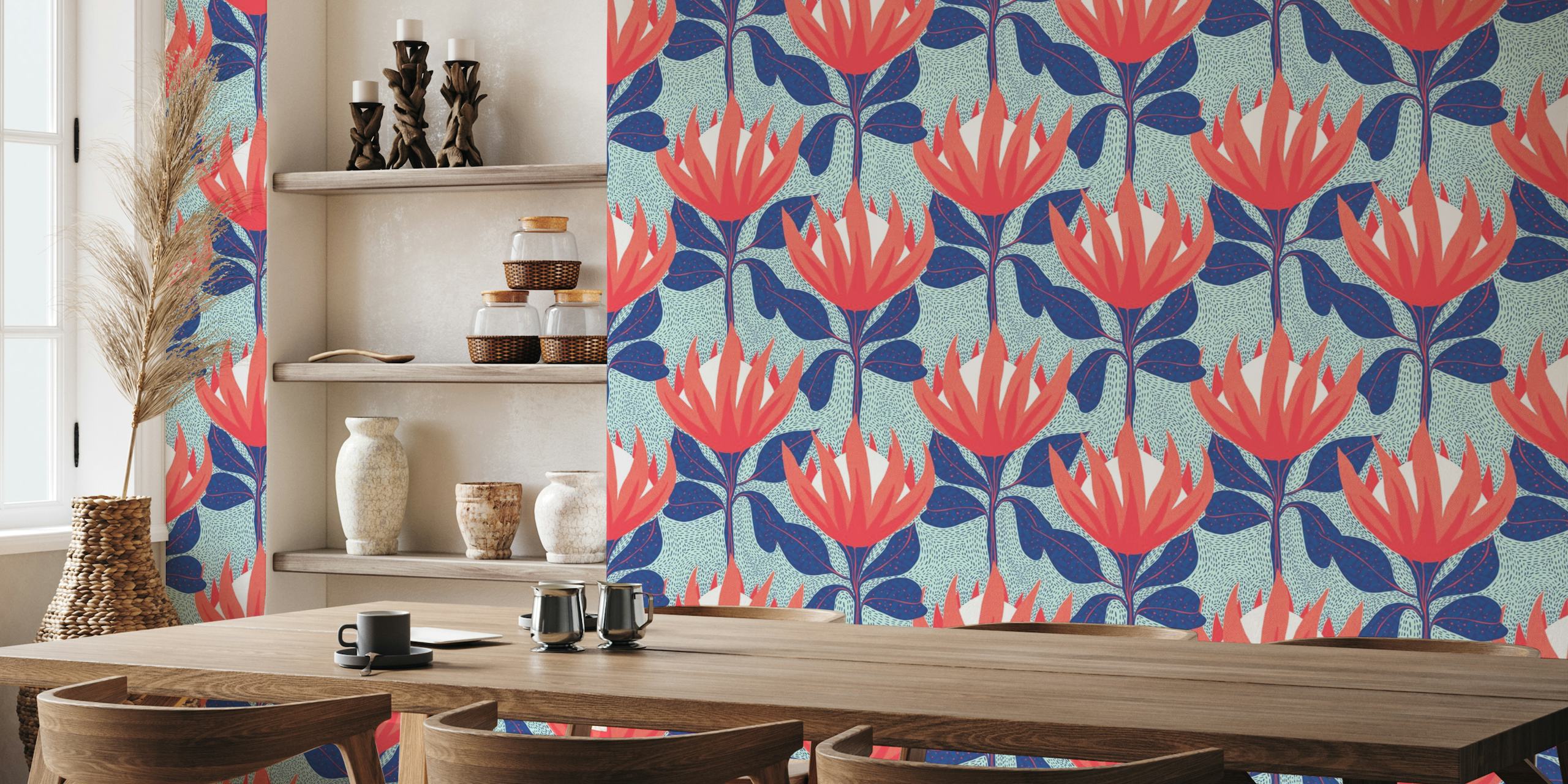 Protea Floral wall mural with coral pink flowers and deep blue leaves on a textured background