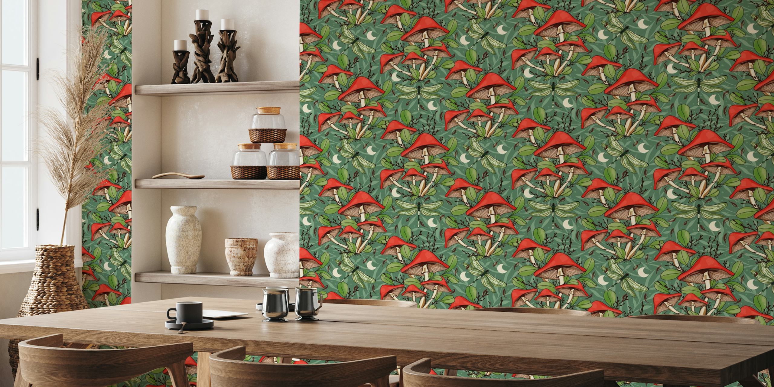 Dragonflies and crescent moon pattern on wallpaper with red toadstools and green leaves