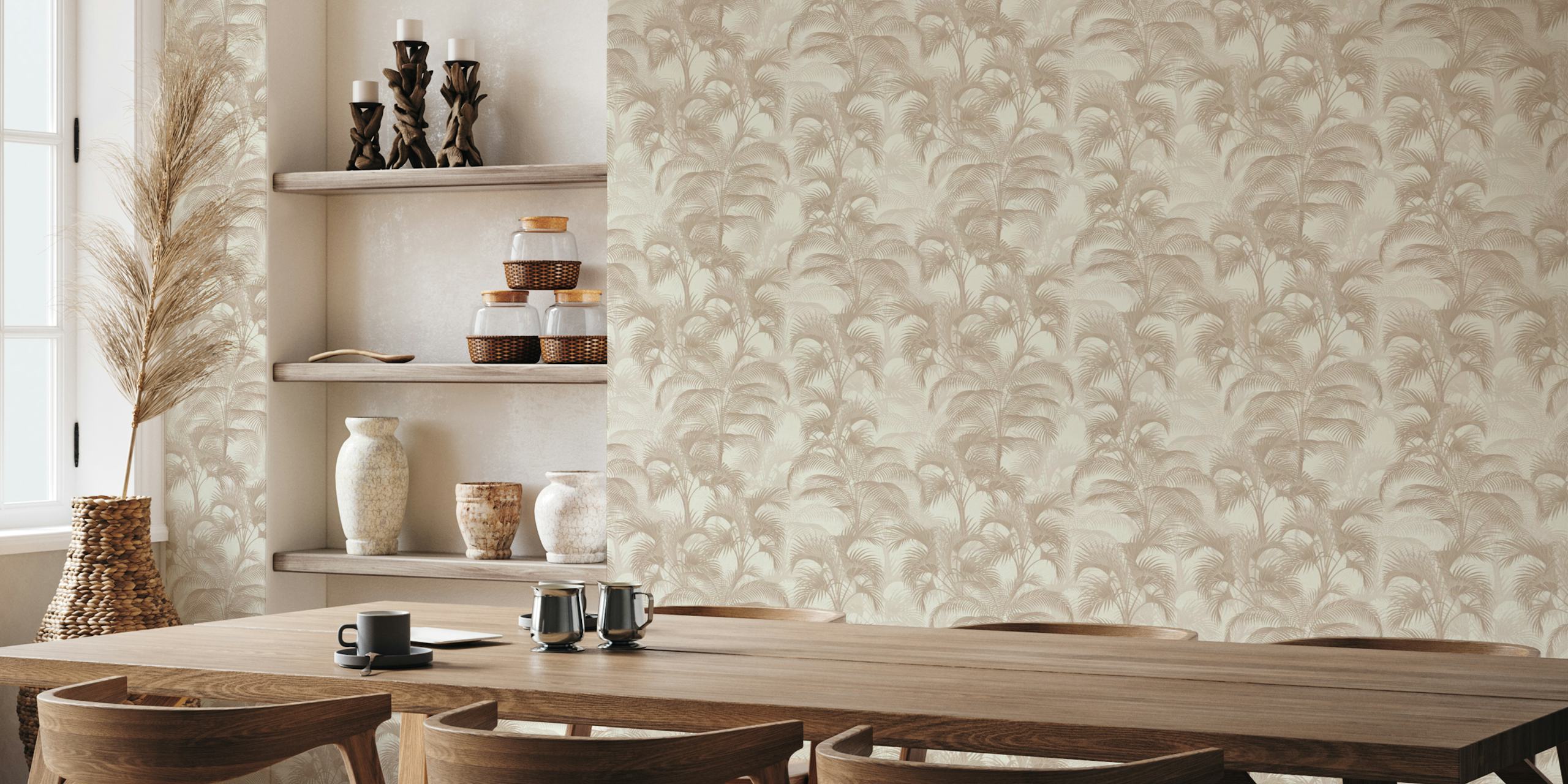 Padrão de folhas de palmeira tropical em um mural bege neutro