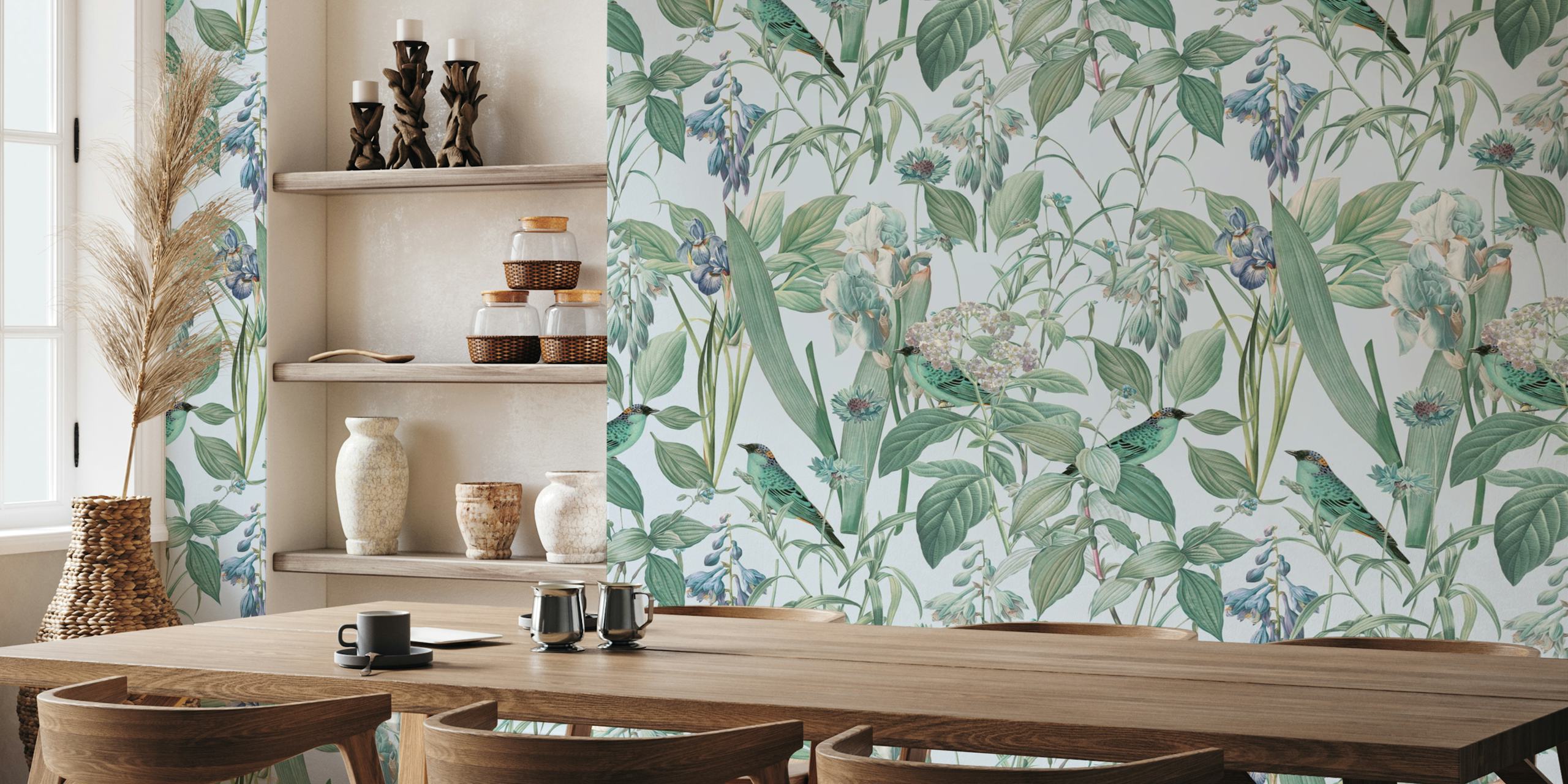 Botanical floral wallpaper featuring teal birds and green leaves