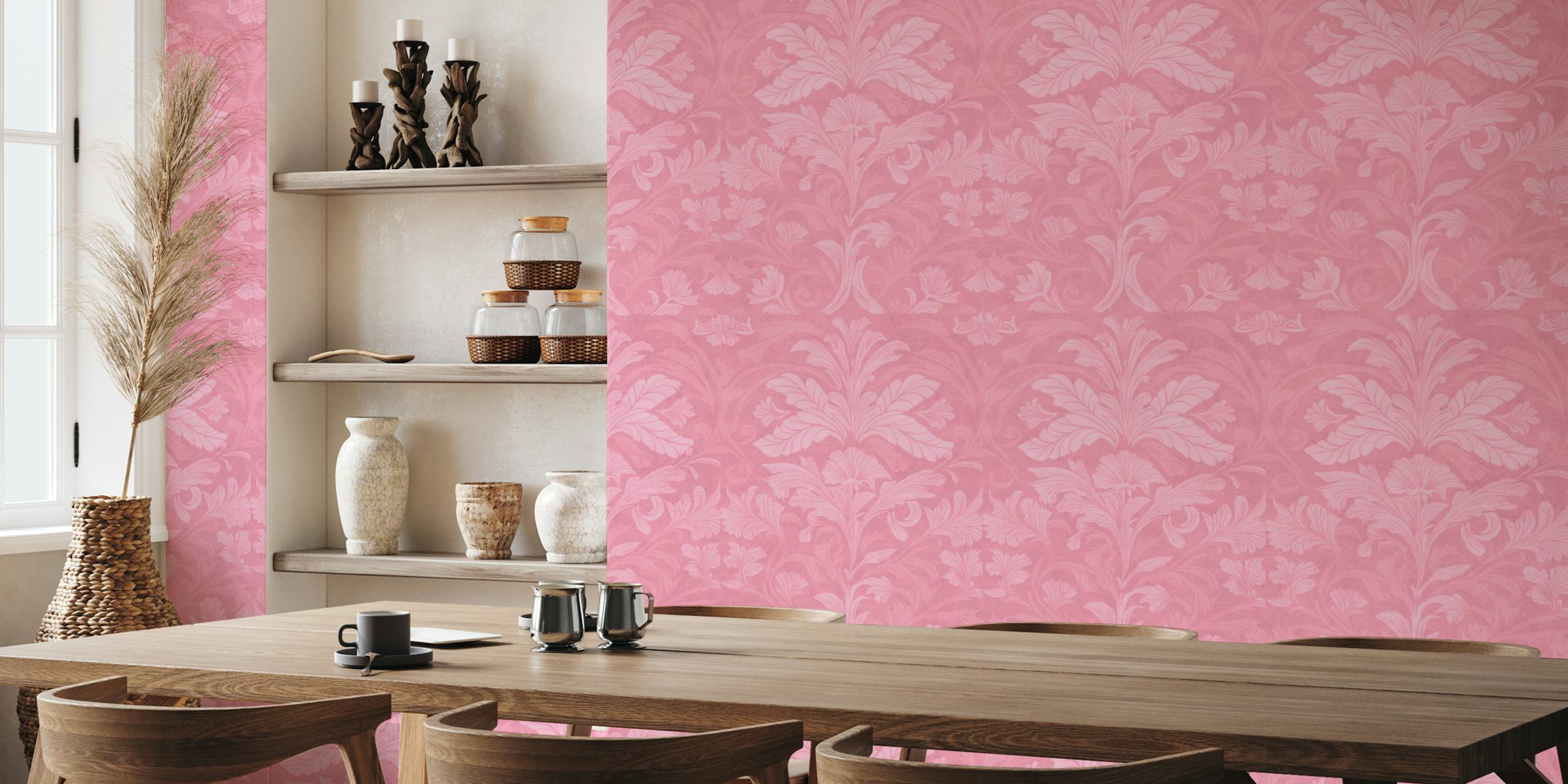 Pastel pink William Morris style wallpaper in a room