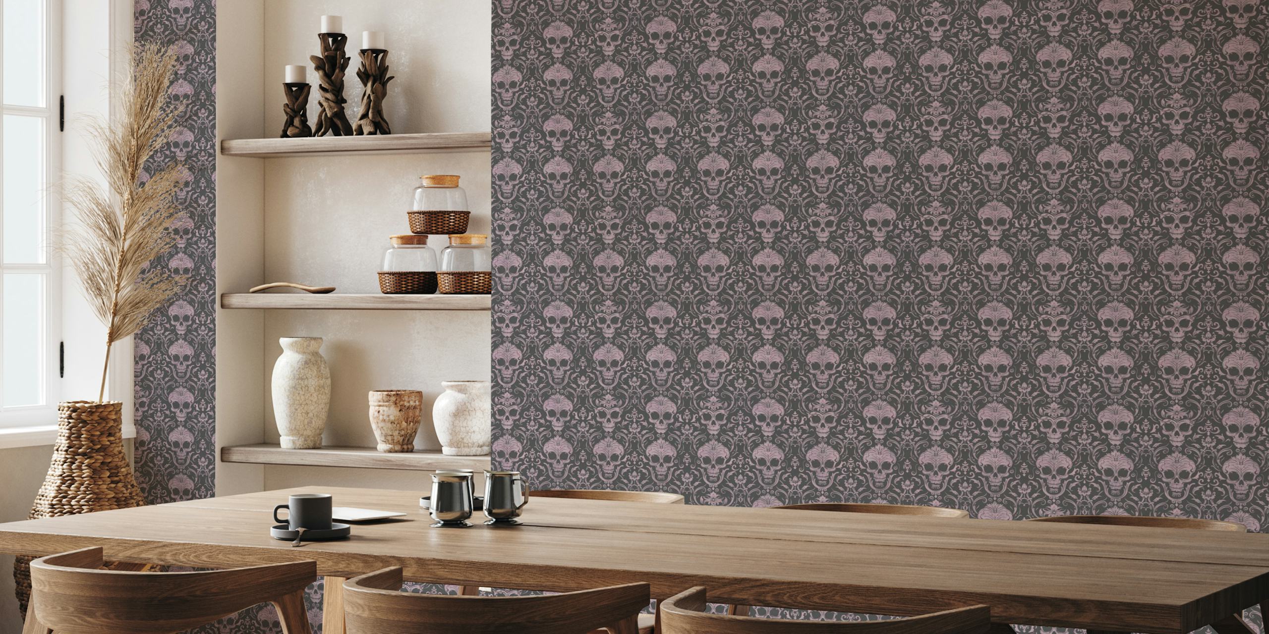 Gothic skull damask pattern in pastel pink and dark shades wallpaper