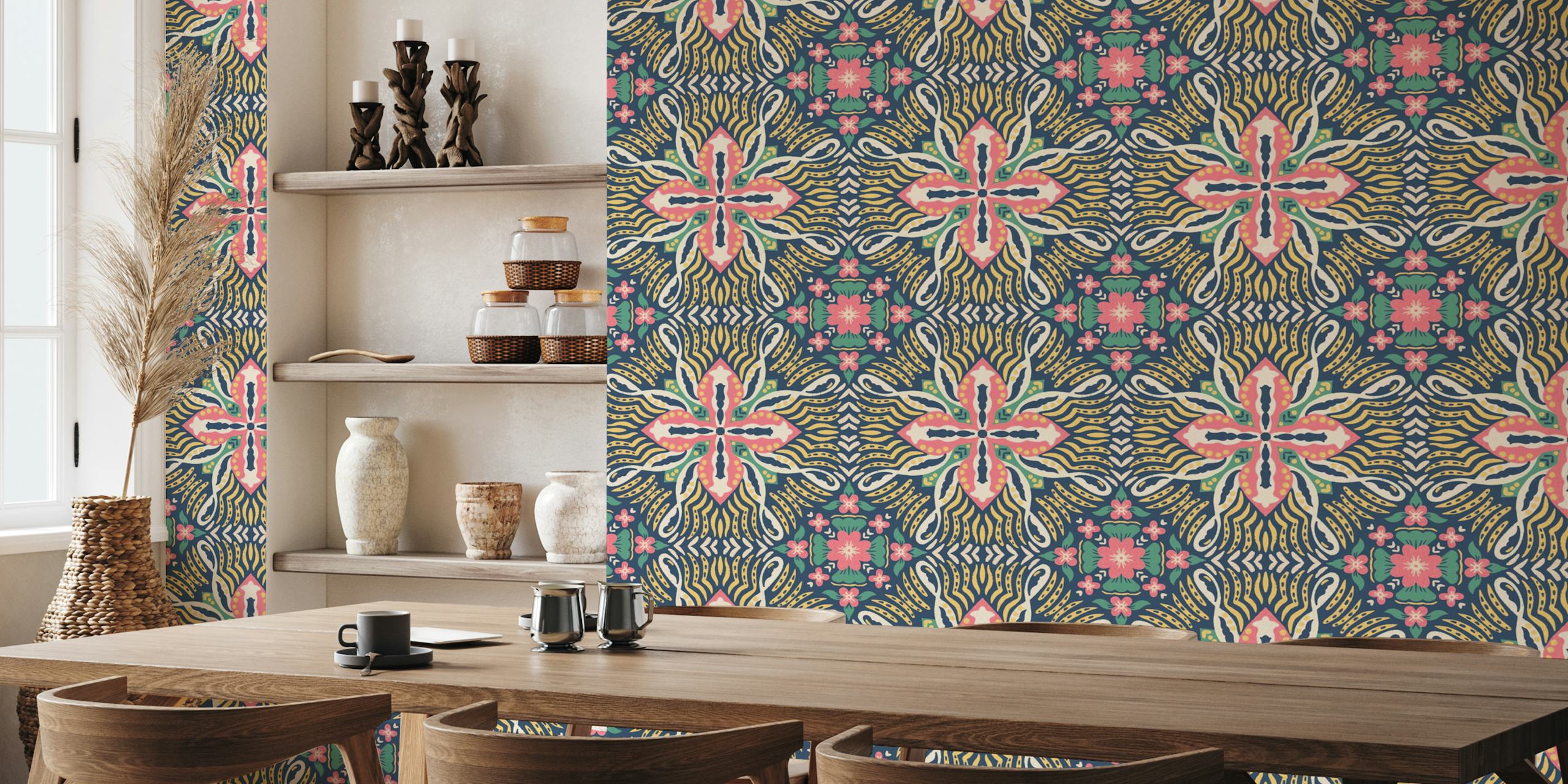 Colorful floral pattern wallpaper with pink, green, and yellow hues