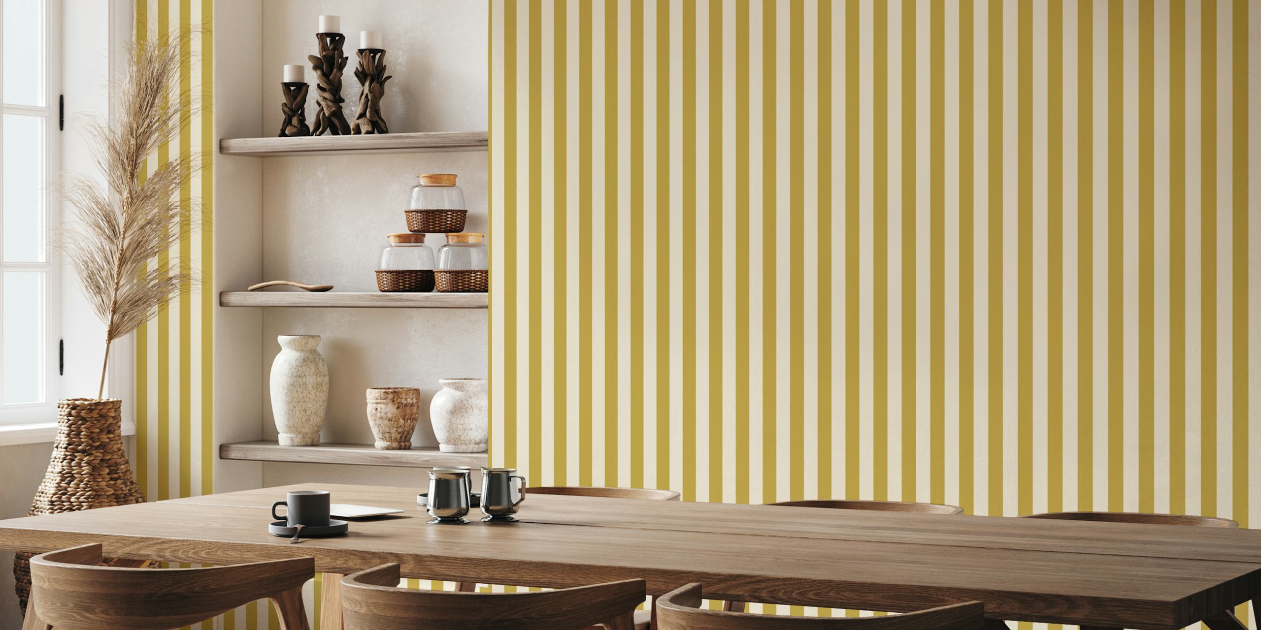 Yellow and cream striped wallpaper in a modern style