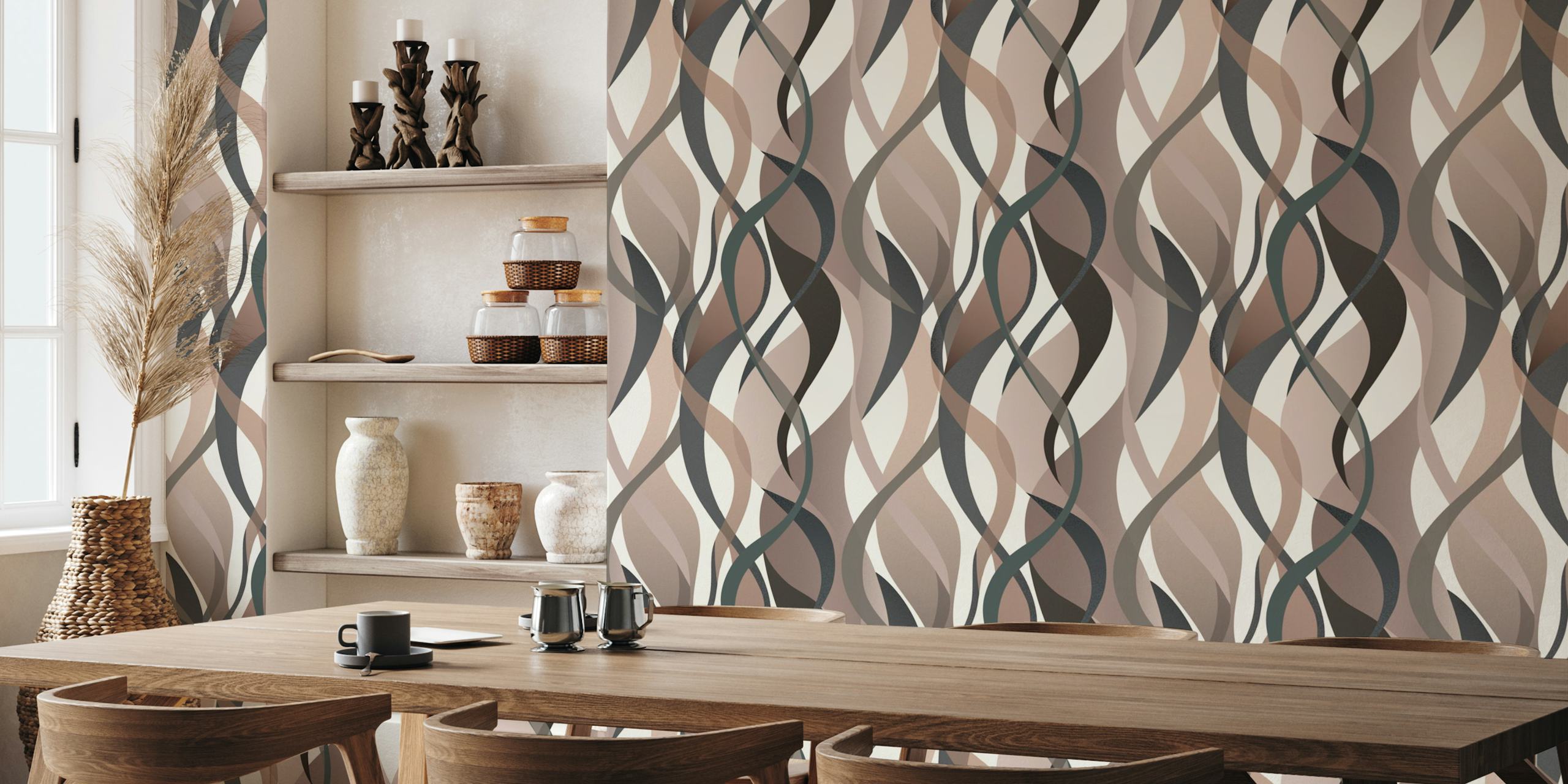 Abstract curves wall mural in beige, taupe, and brown
