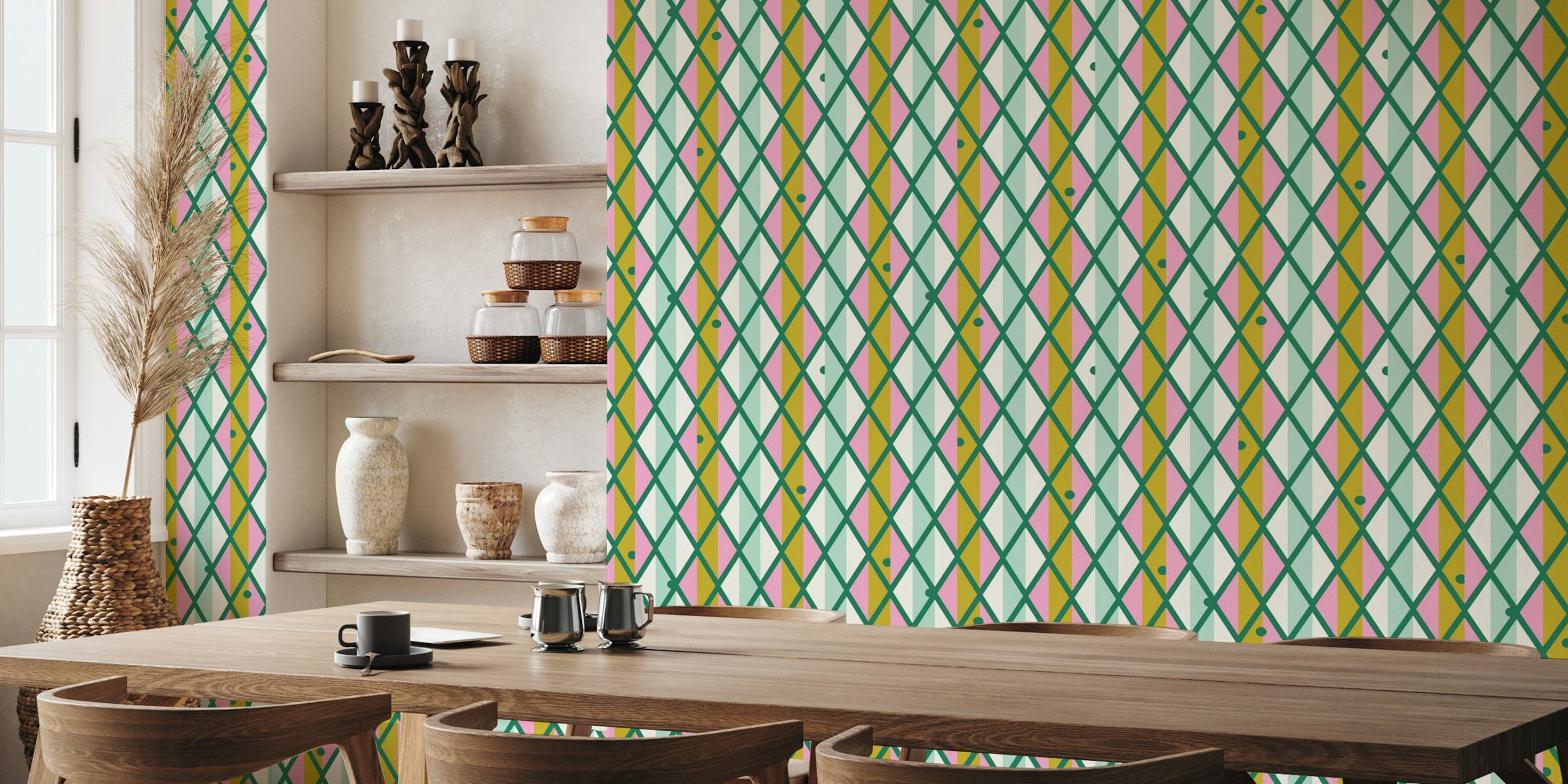 Harlequin pattern in green, mint, and pink wallpaper
