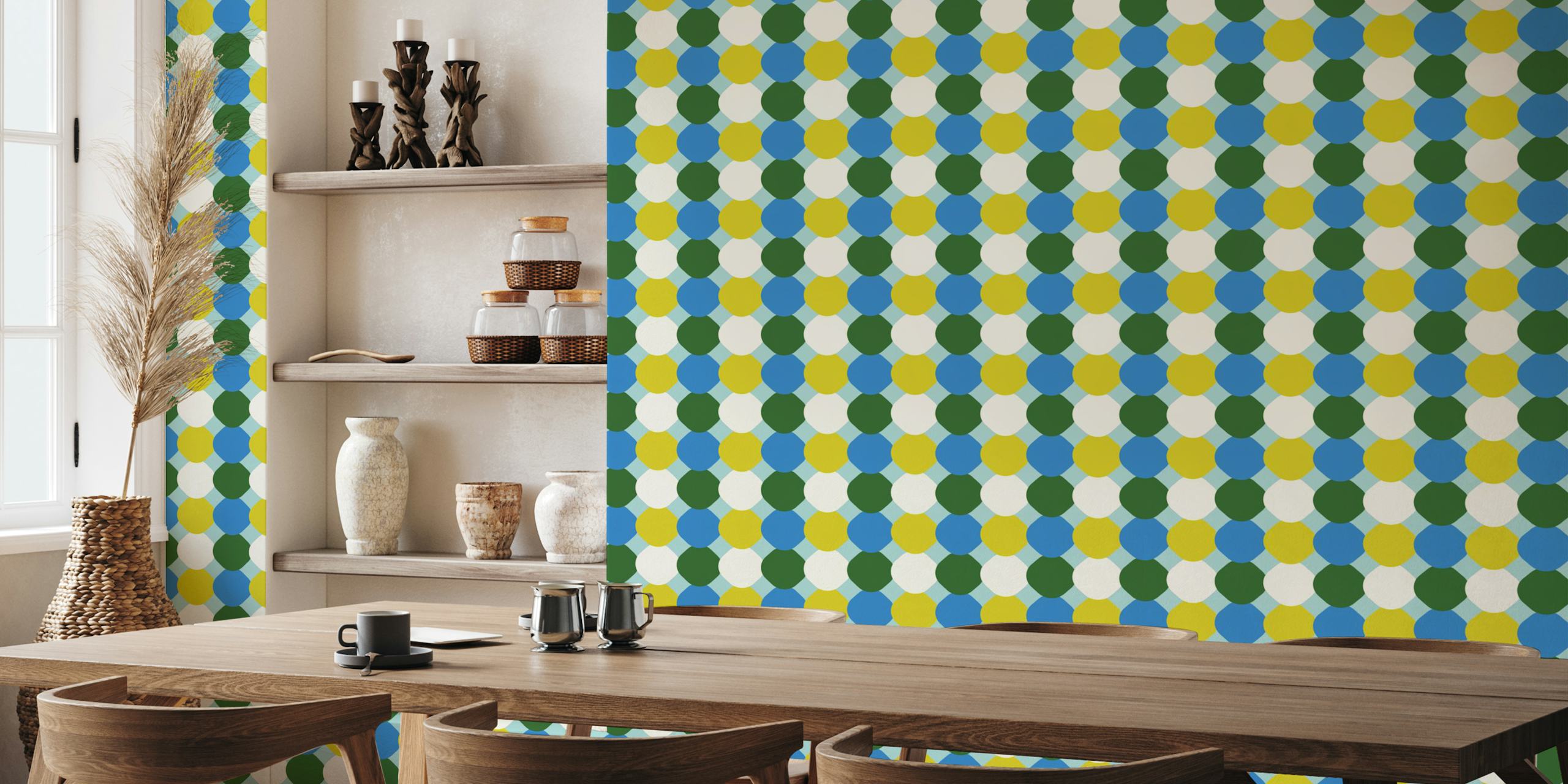Retro style wall mural with pattern of mint, green, and blue tiles.