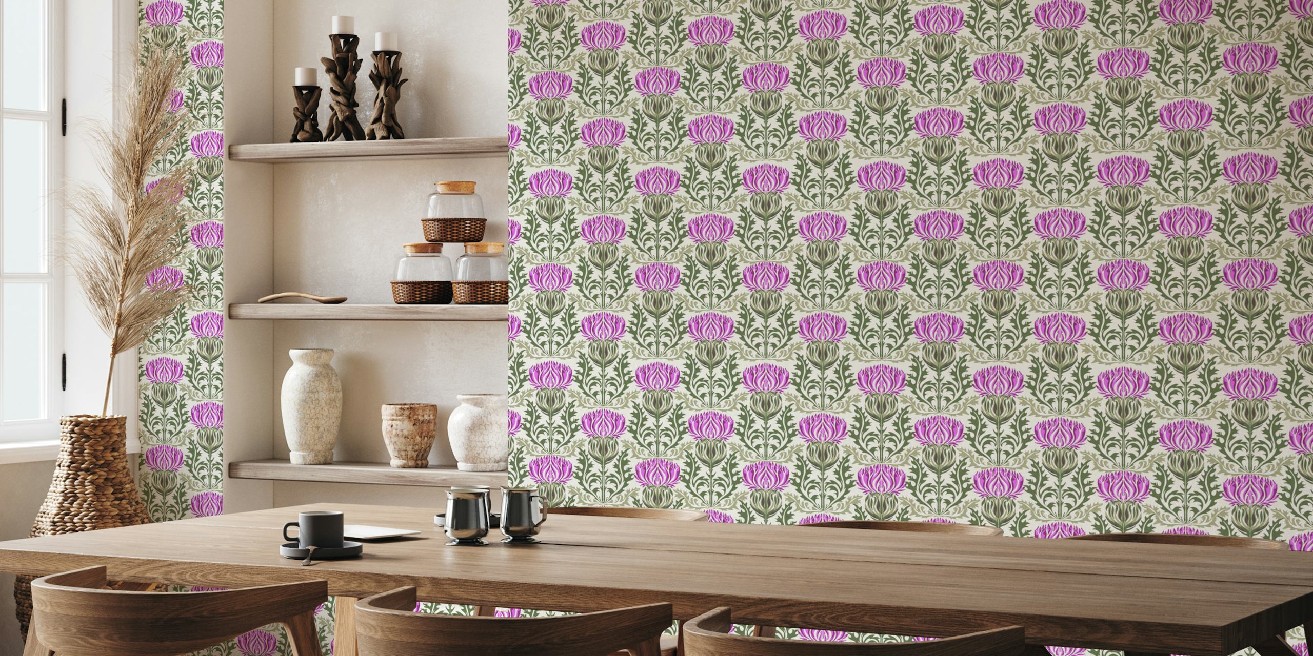 Elegant thistle pattern wallpaper with green leaves and mauve flowers for wall murals.