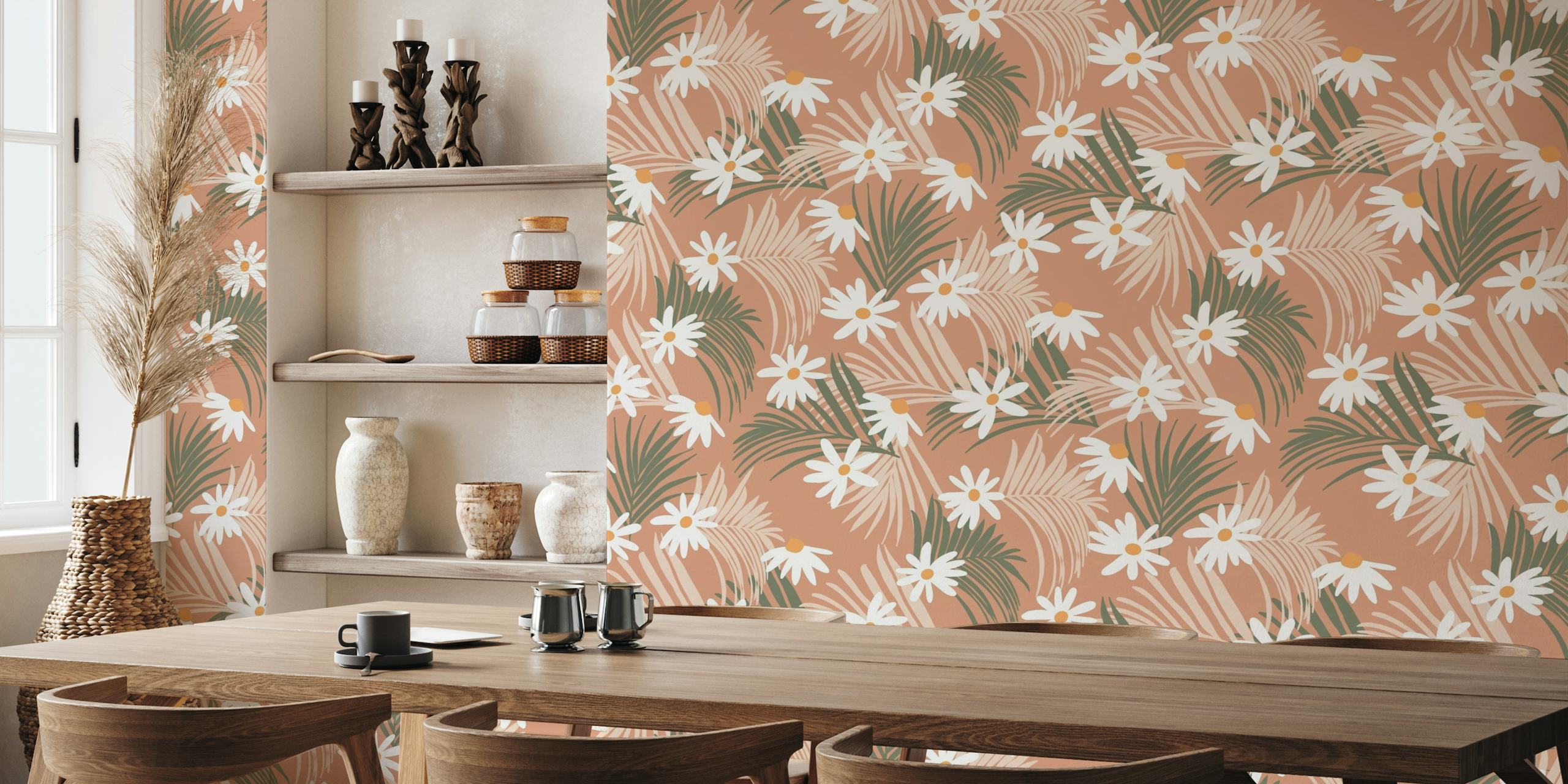 Retro-style daisy flowers and palm fronds wall mural on a terracotta background.