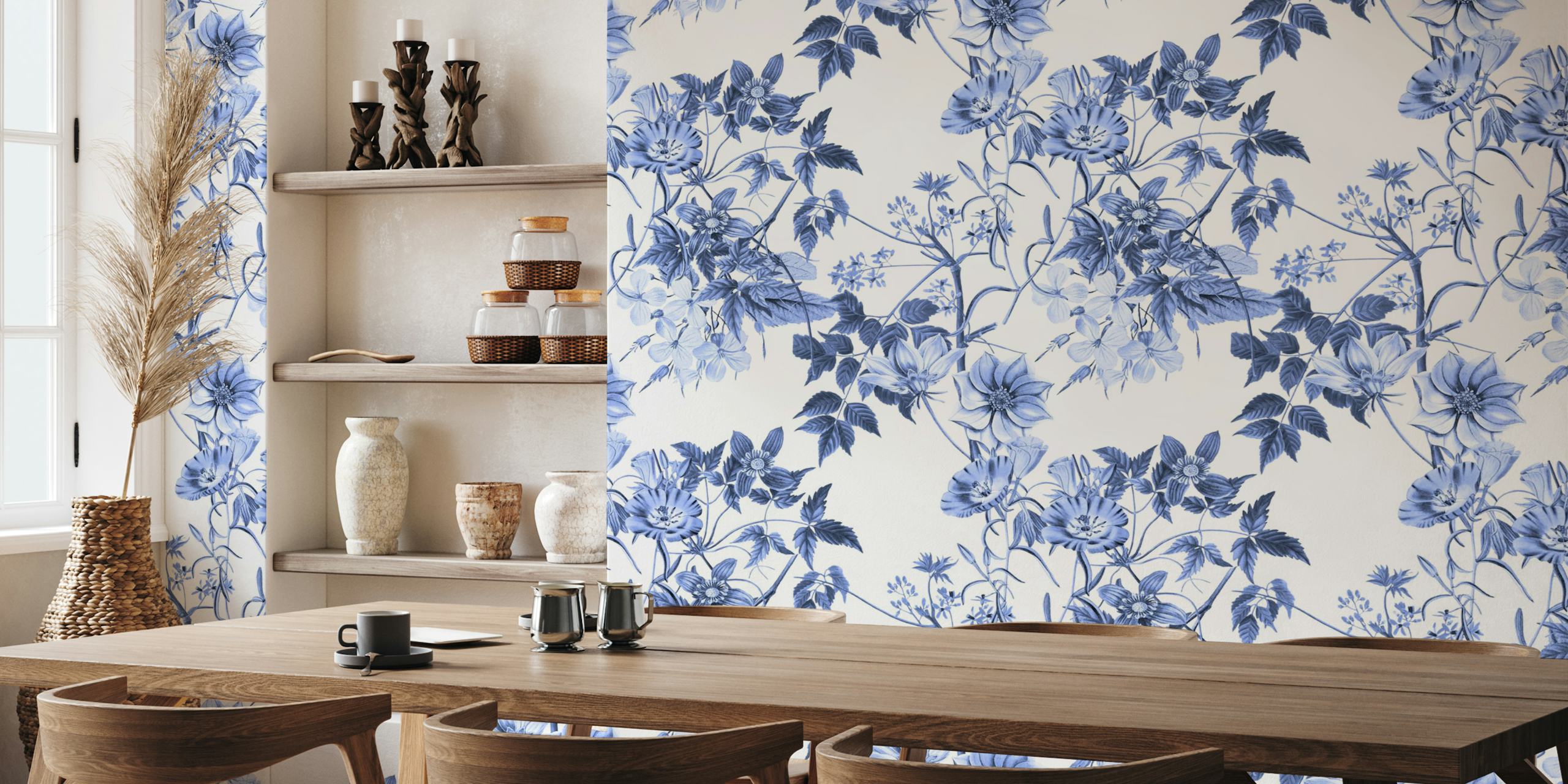 Fresh blue flowers wallpaper in a room