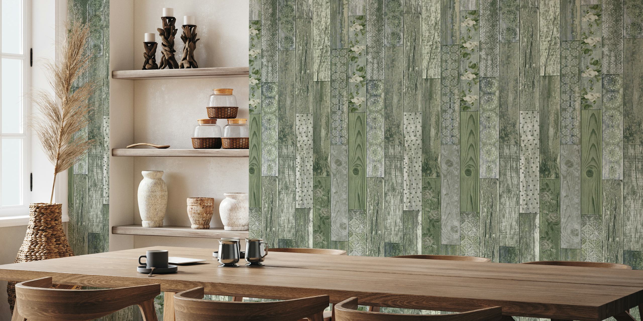 Vintage wood tiles pattern in green and gray with floral designs wallpaper