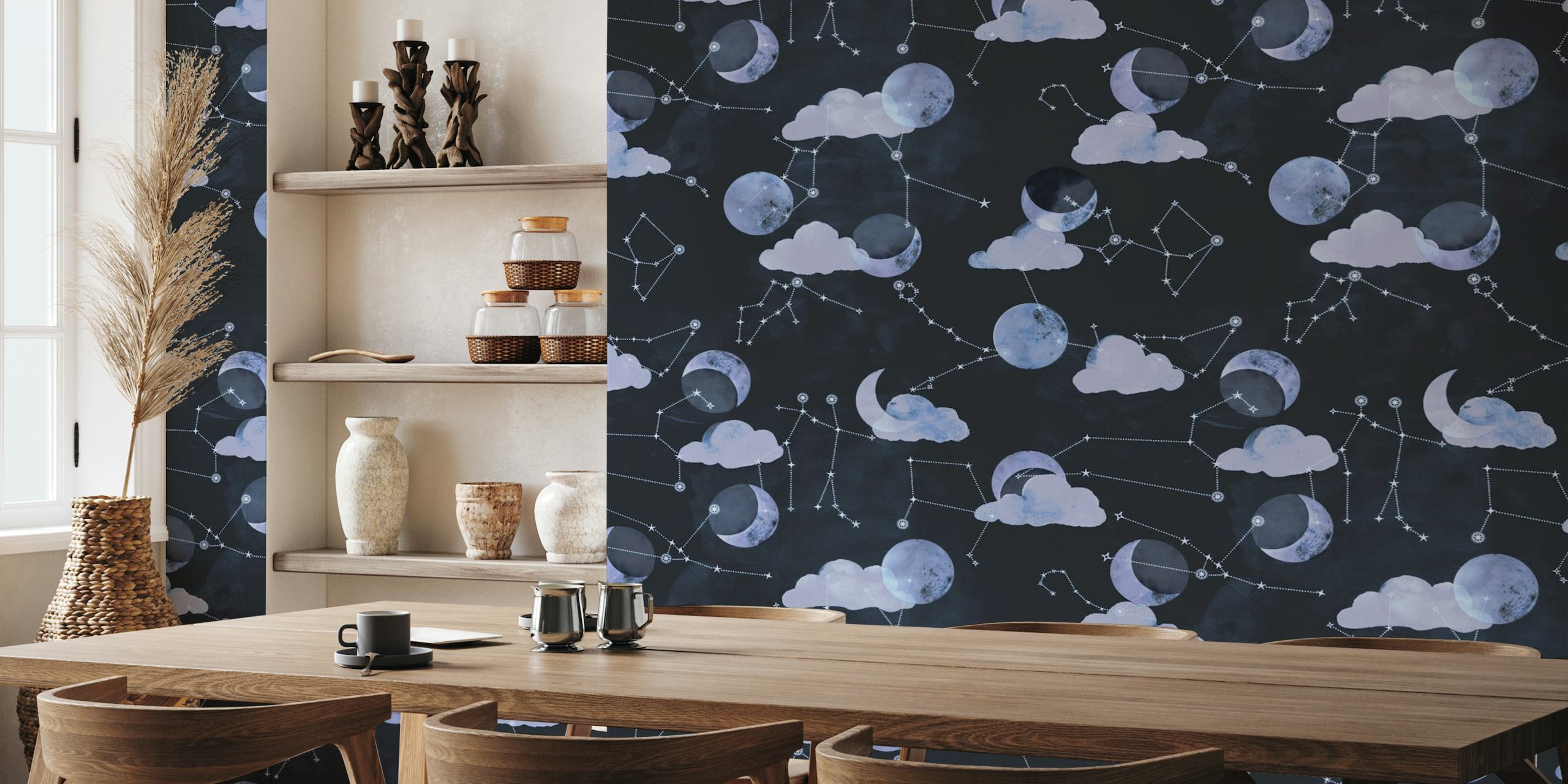 Moon and constellations wall mural featuring phases of the moon and star patterns against a dark night sky background.