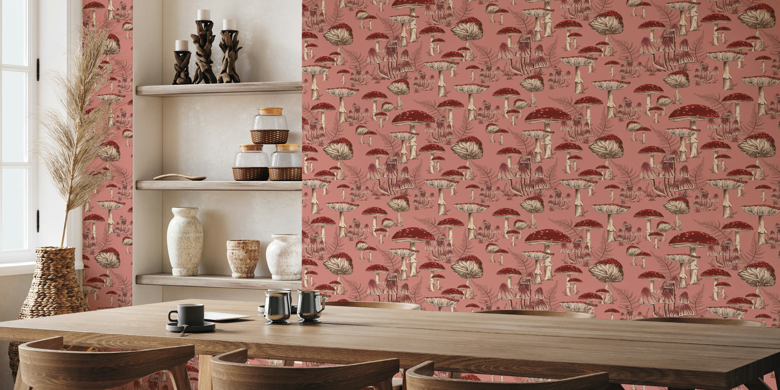 Red mushrooms with beige details and ferns wallpaper