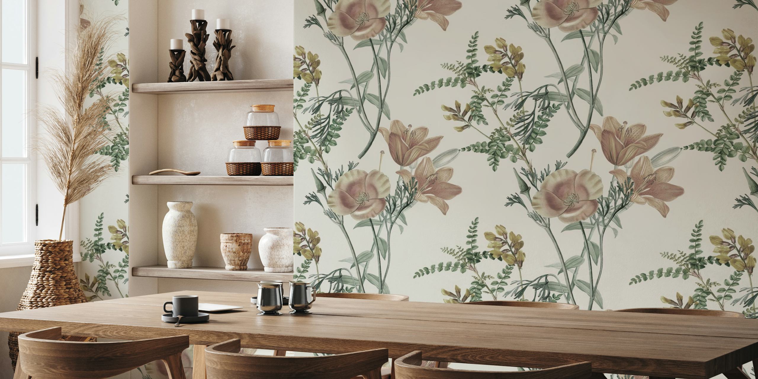 Pastel-toned wildflowers and greenery wall mural for home decor
