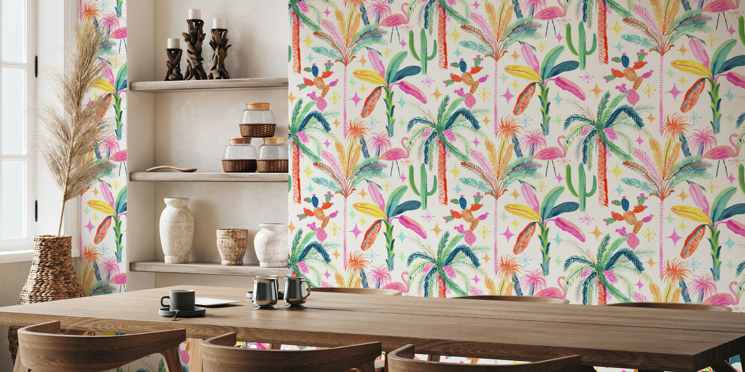 Tropische palmbomen en cactussen in roze en groene tinten op een lichte achtergrond wallpaper