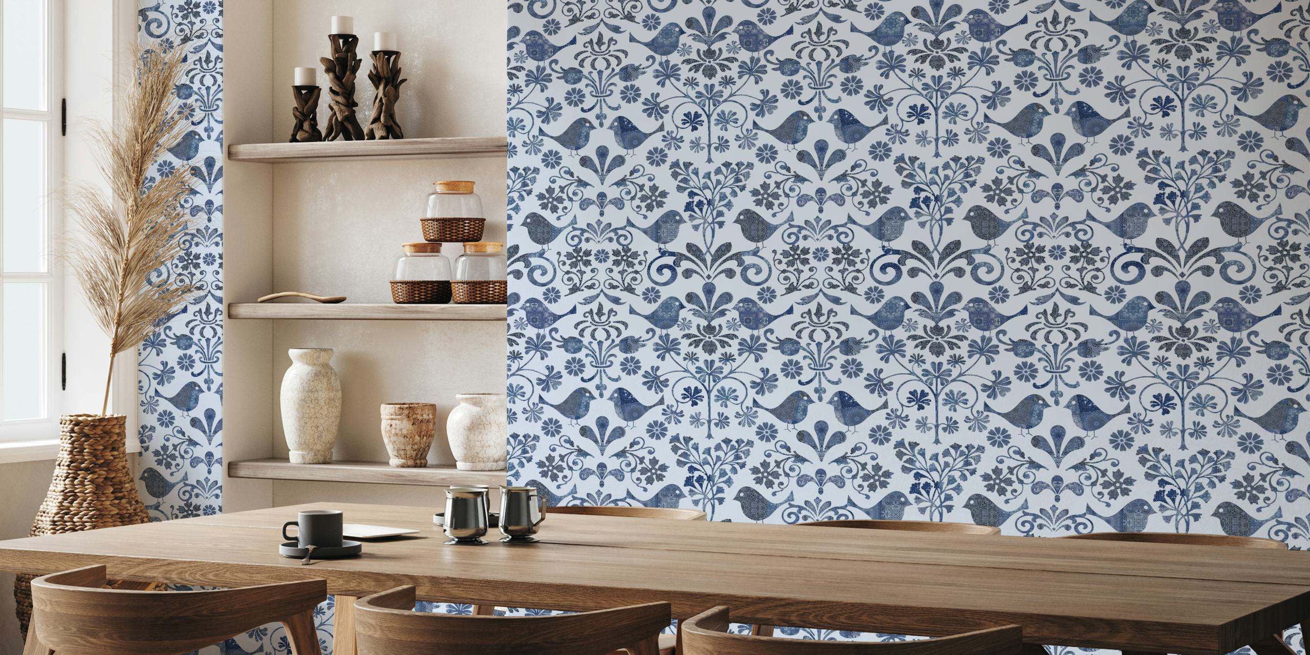 Scandinavian-style wall mural with birds and floral patterns in blue hues