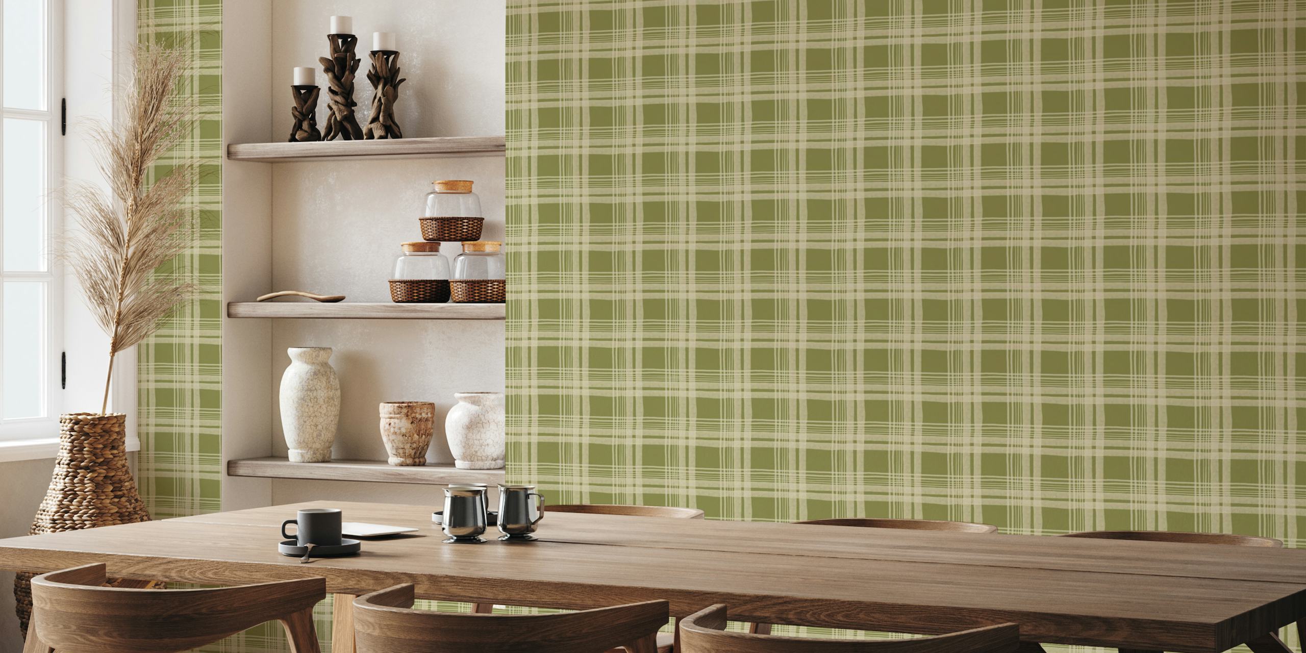 Rustic Irregular Patchwork Grid in Green tapete