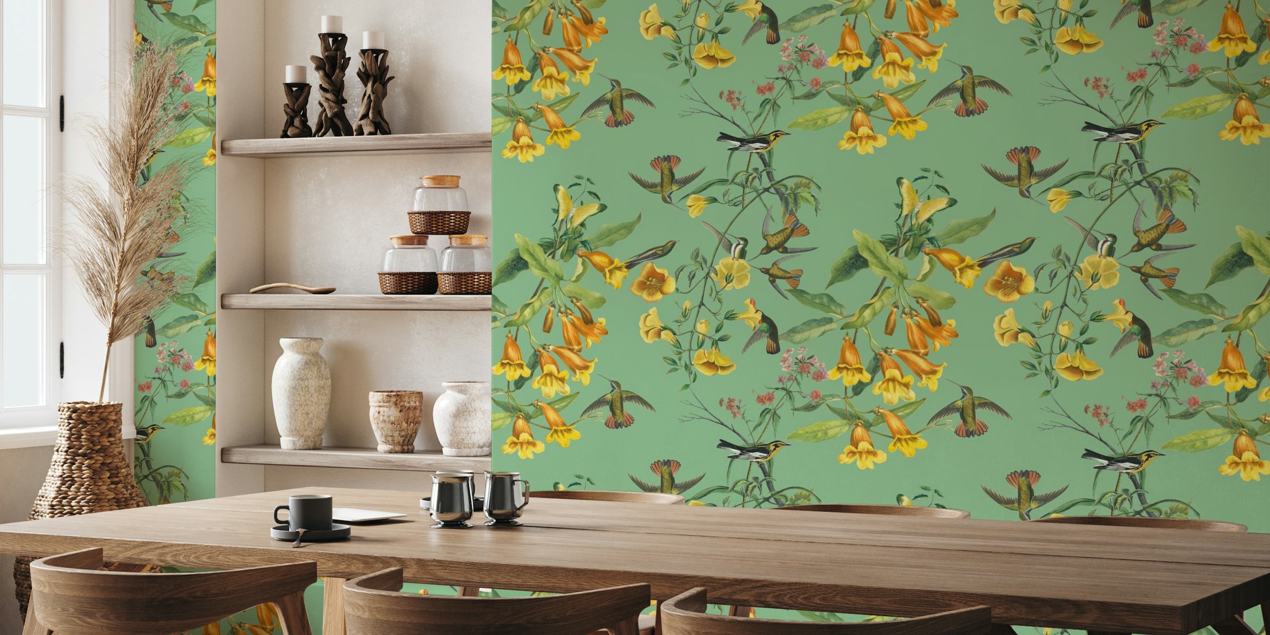 Hummingbirds and Flowers Green Background papel pintado